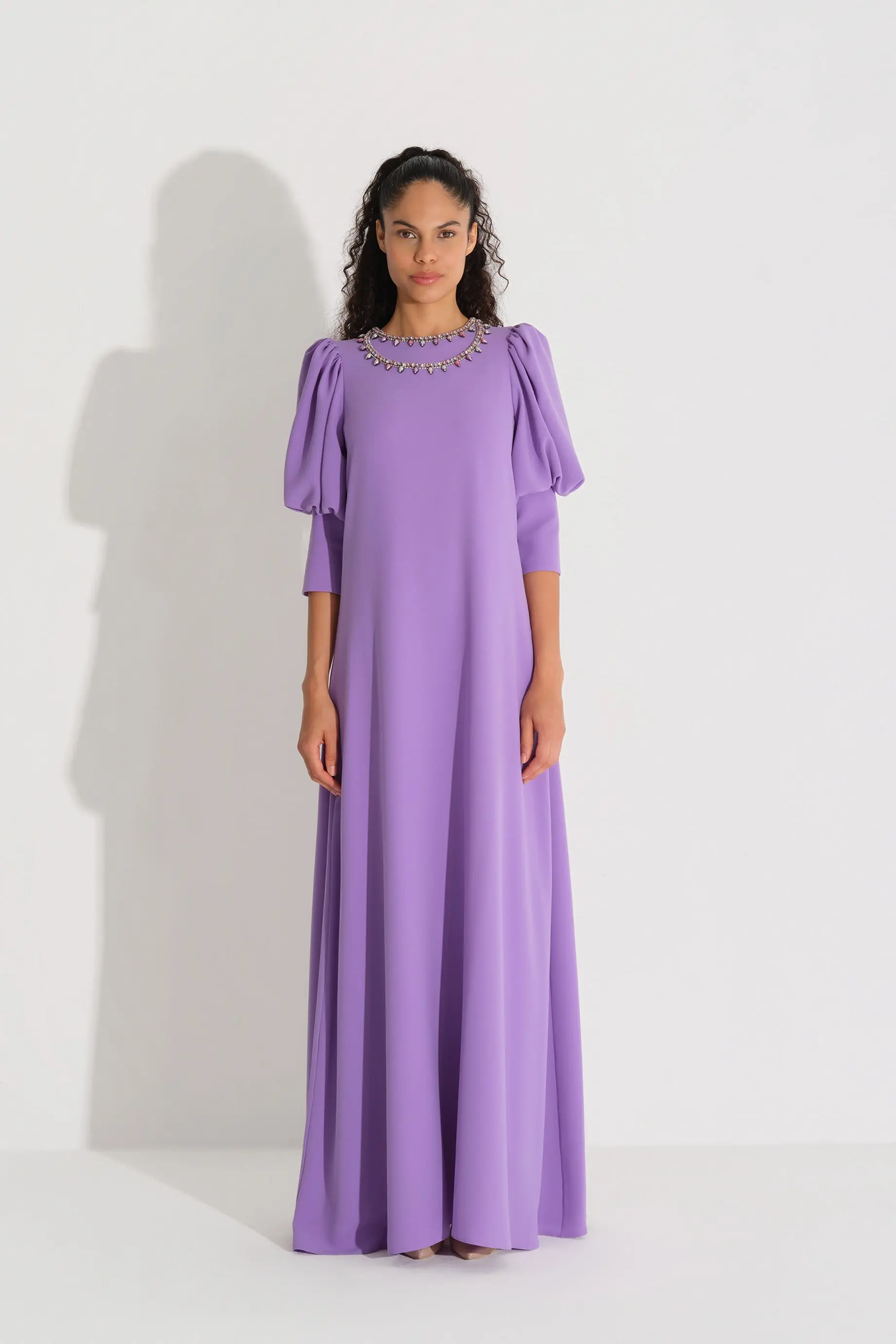 Stone-Embellished Neck Crepe Dress – Lilac