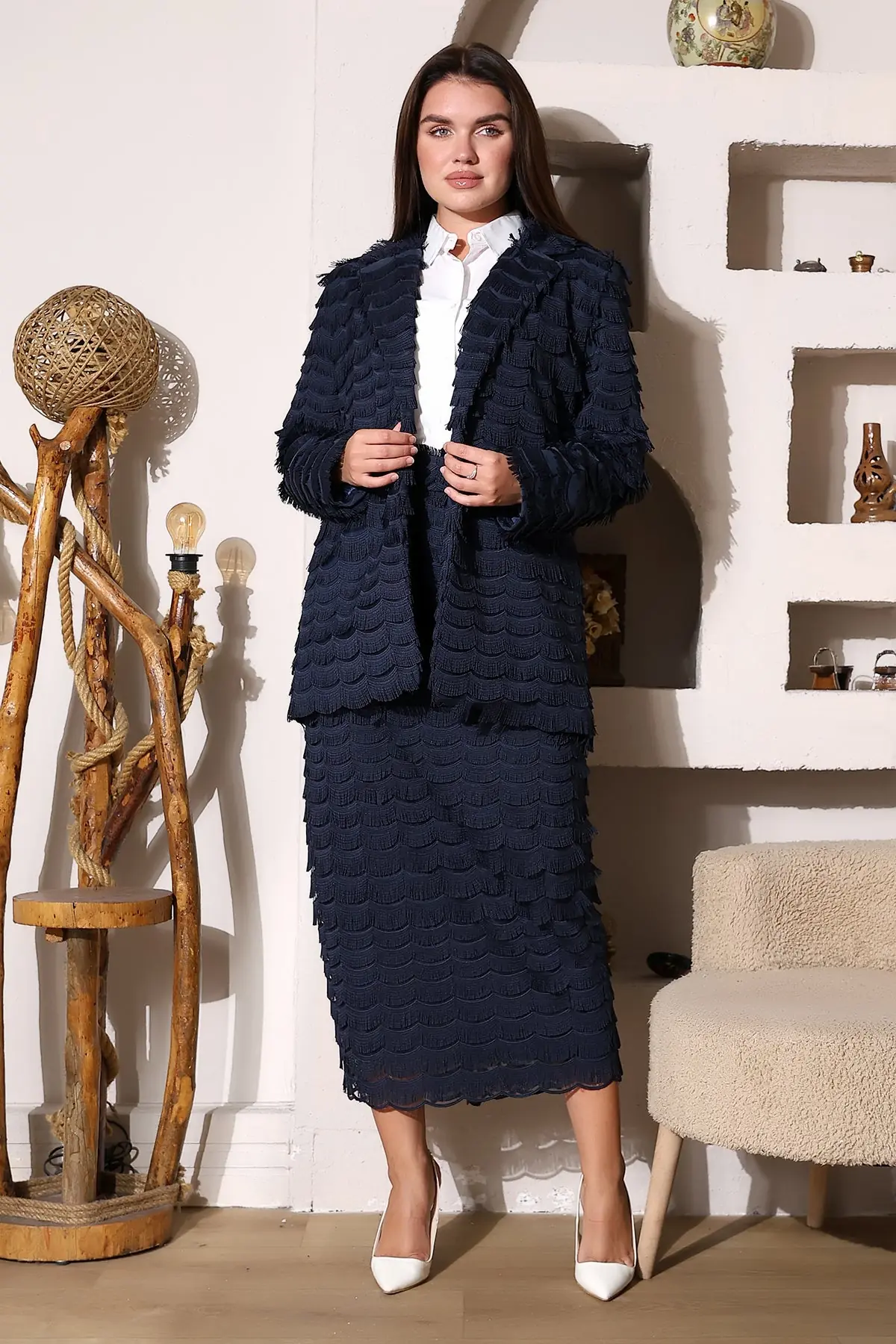 Elowen Textured Fringe Skirt & Jacket Set – Navy, photo 8
