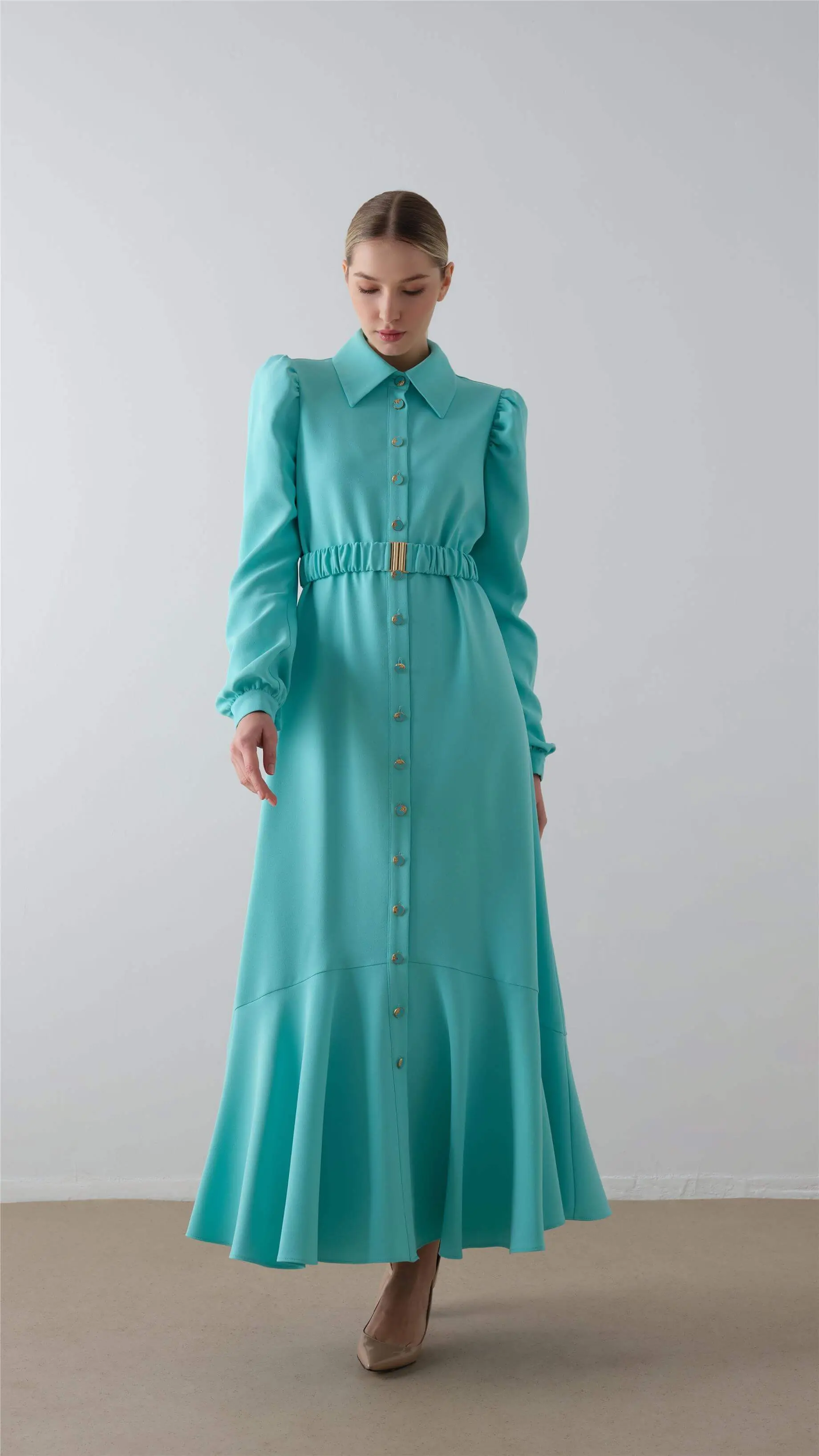 Belted Button-Down Crepe Dress – Blue