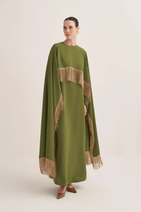 Milena Fringed Cape Maxi Dress – Green