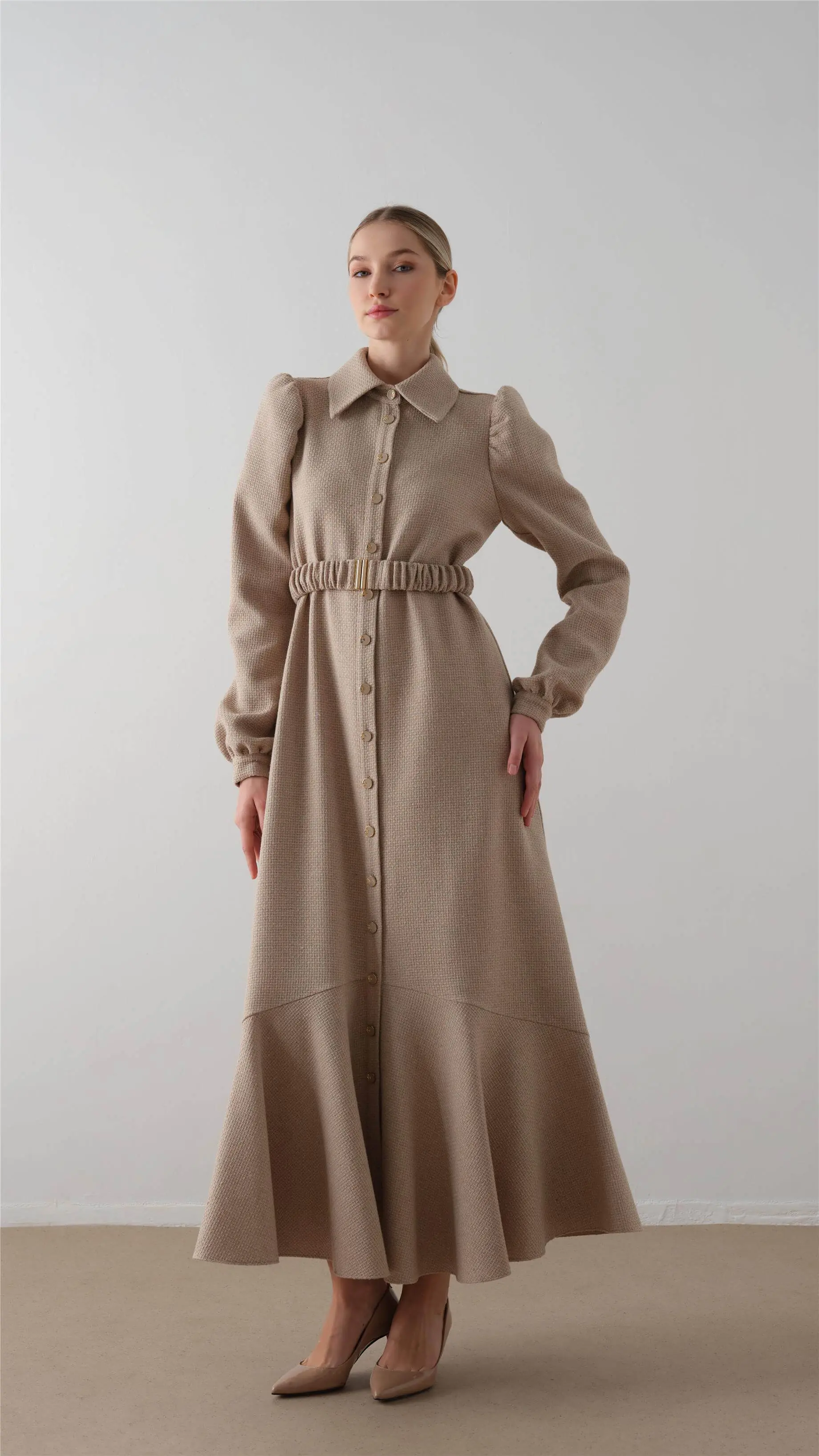 Elastic Belted Tweed Dress – Taupe