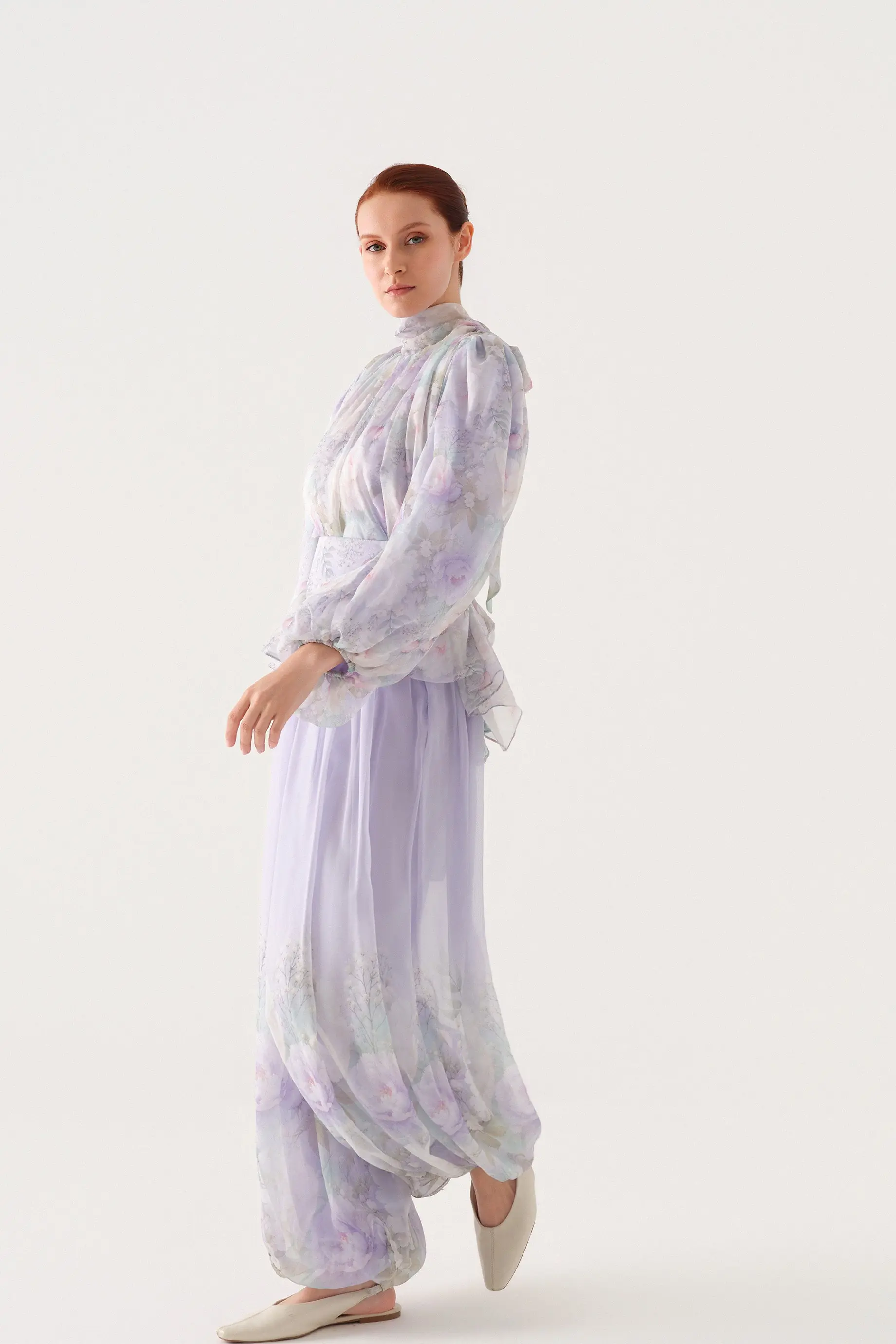 Scarf-Neck Blouse and Harem Trousers Set – Lilac, photo 5