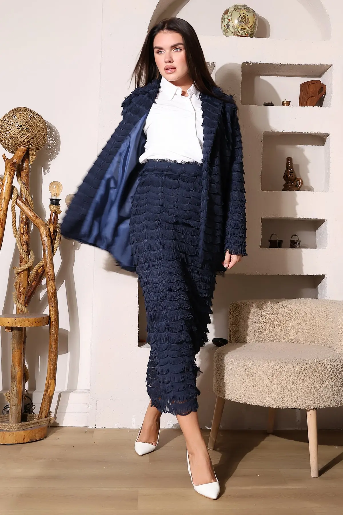 Elowen Textured Fringe Skirt & Jacket Set – Navy, photo 7