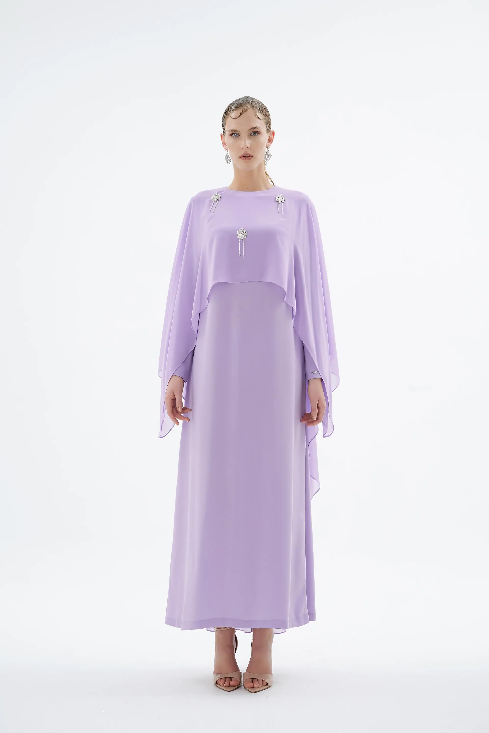Alera Embellished Cape Dress – Lilac