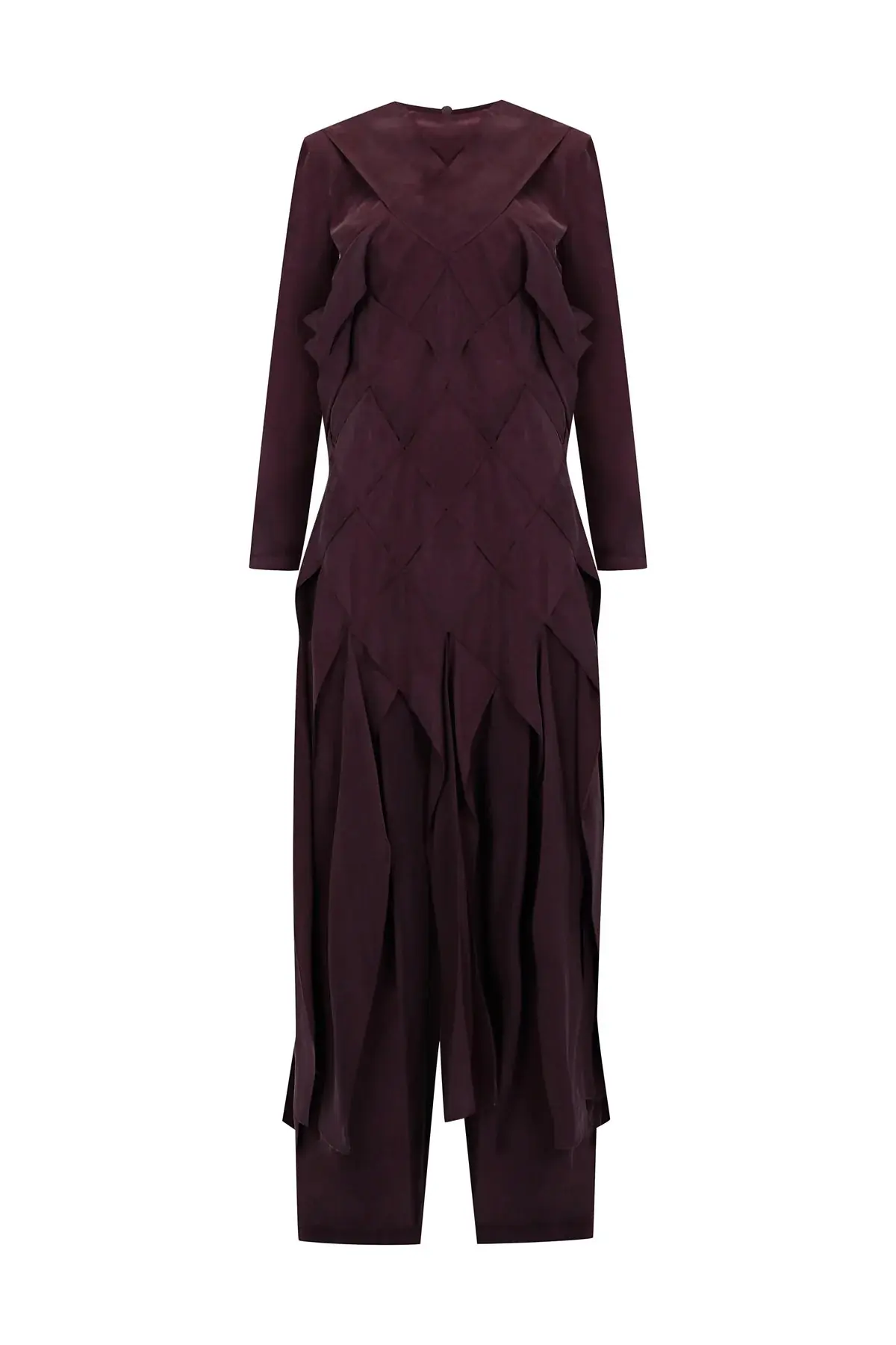 Cross-Stitch Detailed Top & Wide-Leg Pants Set – Burgundy