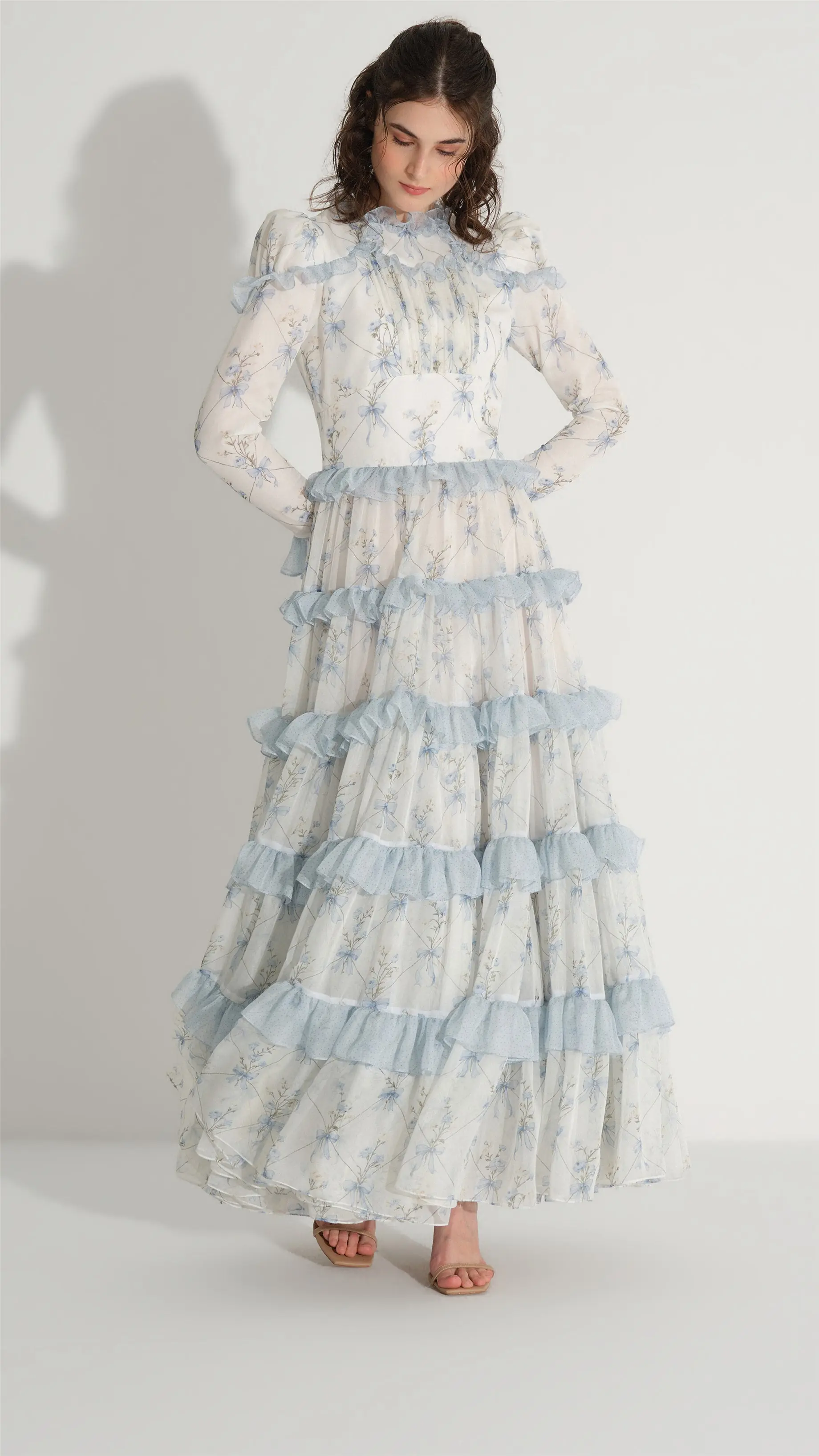 Bow-Print Gathered Chiffon Dress – Blue, photo 5