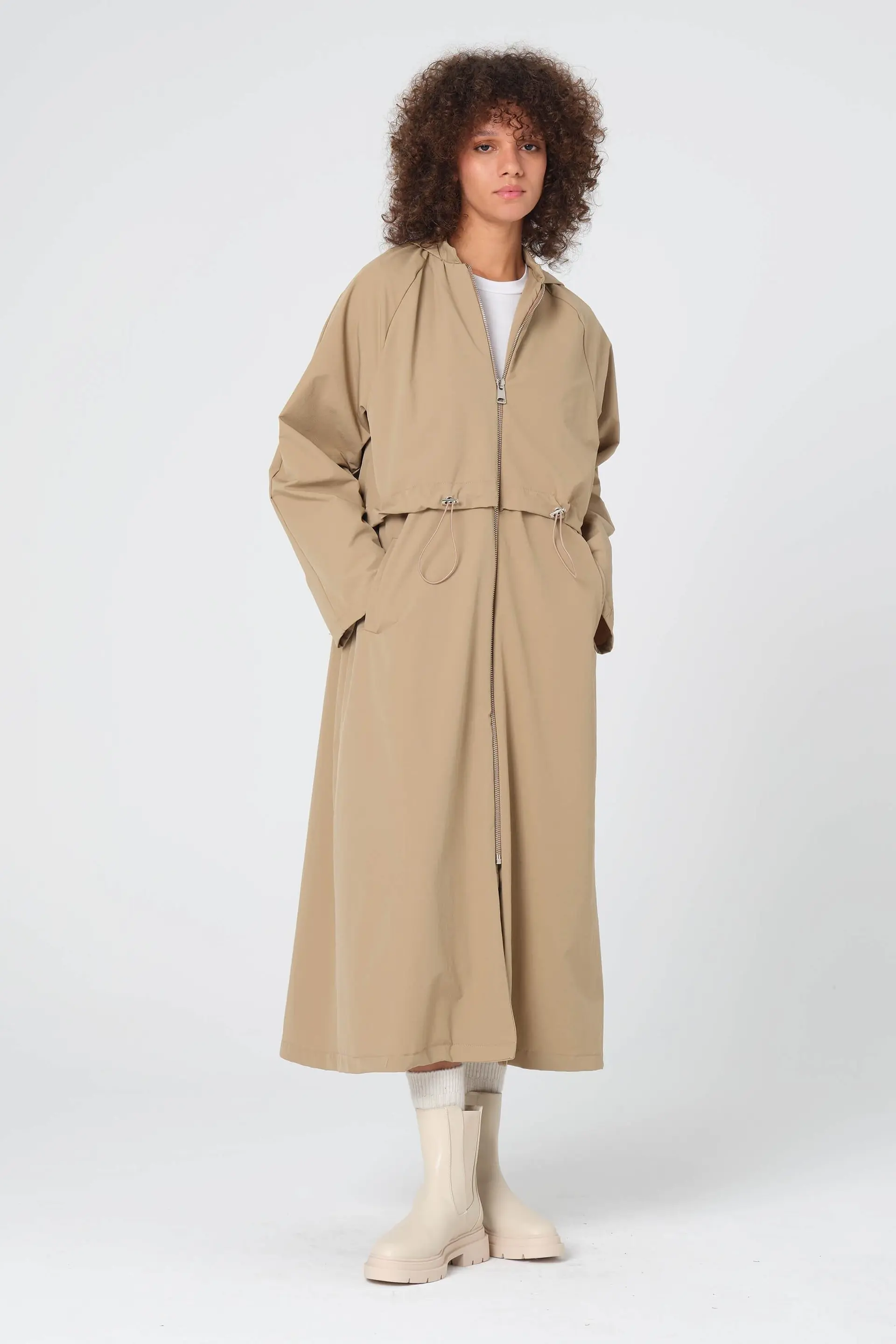 Hooded Bi-Stretch Trench Coat – Beige