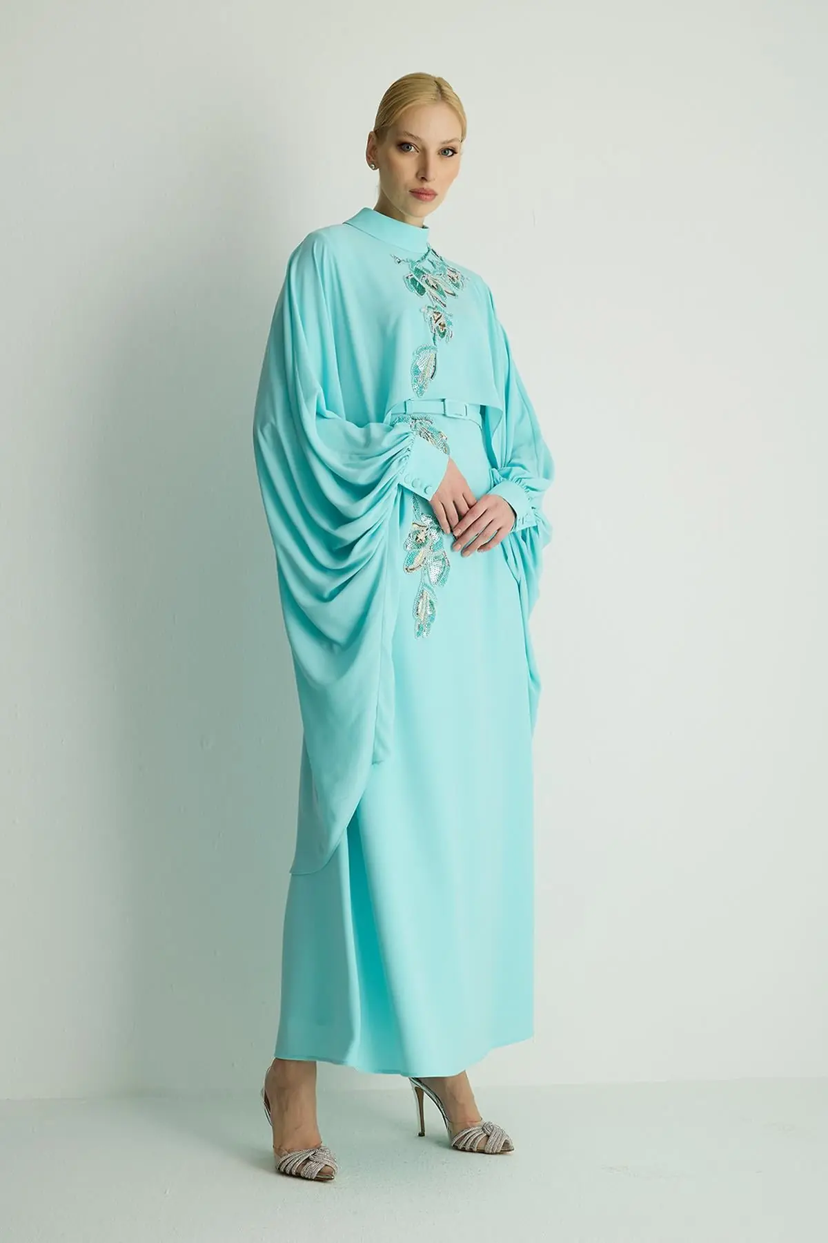 Petunia Embellished Cape Dress – Aqua, photo 4