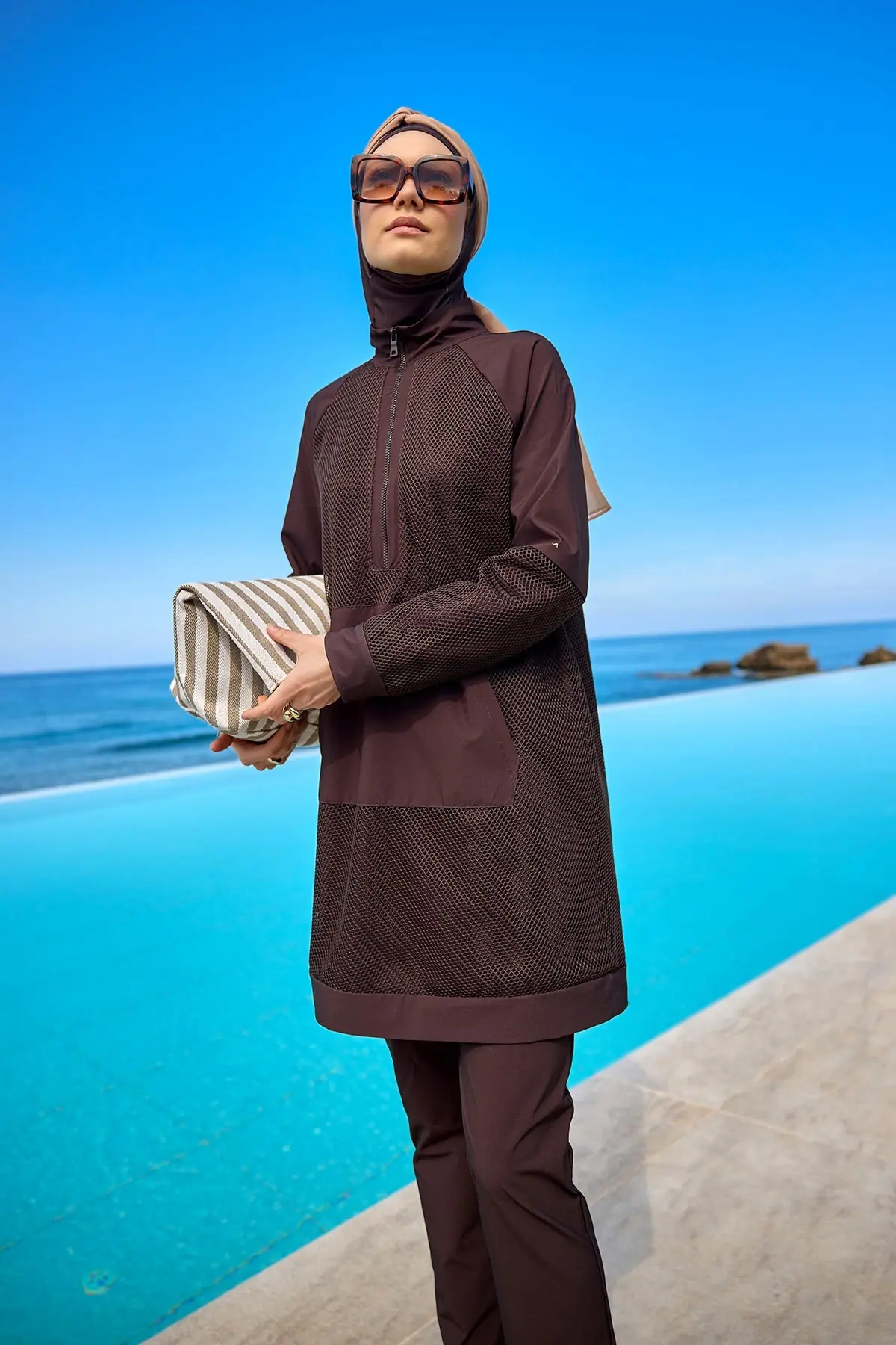 Full Coverage Tulle Detail Modest Swimwear Burkini Set - Brown, photo 2