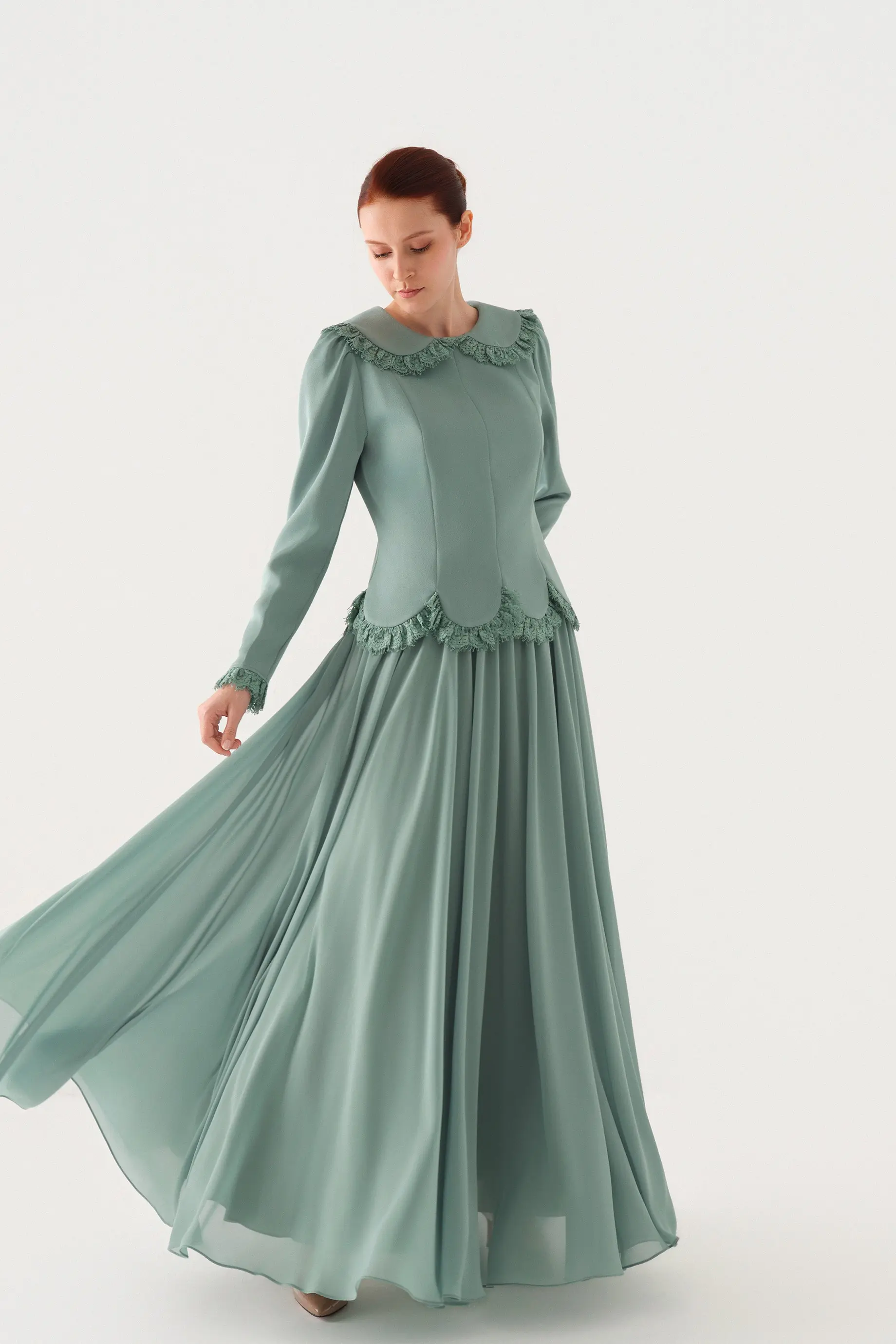Peter Pan Collar Blouse and Lace-Trim Skirt Set – Green, photo 6