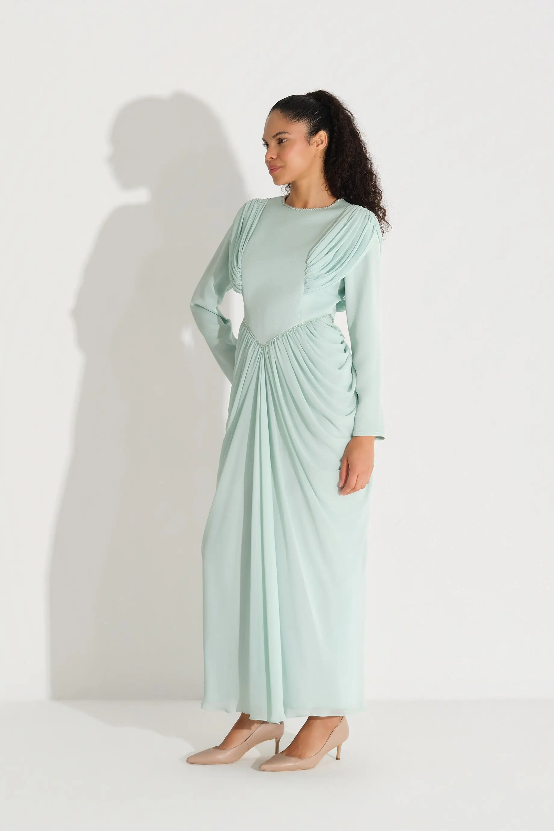 Draped Shoulder & Side Chiffon Dress – Mint, photo 3