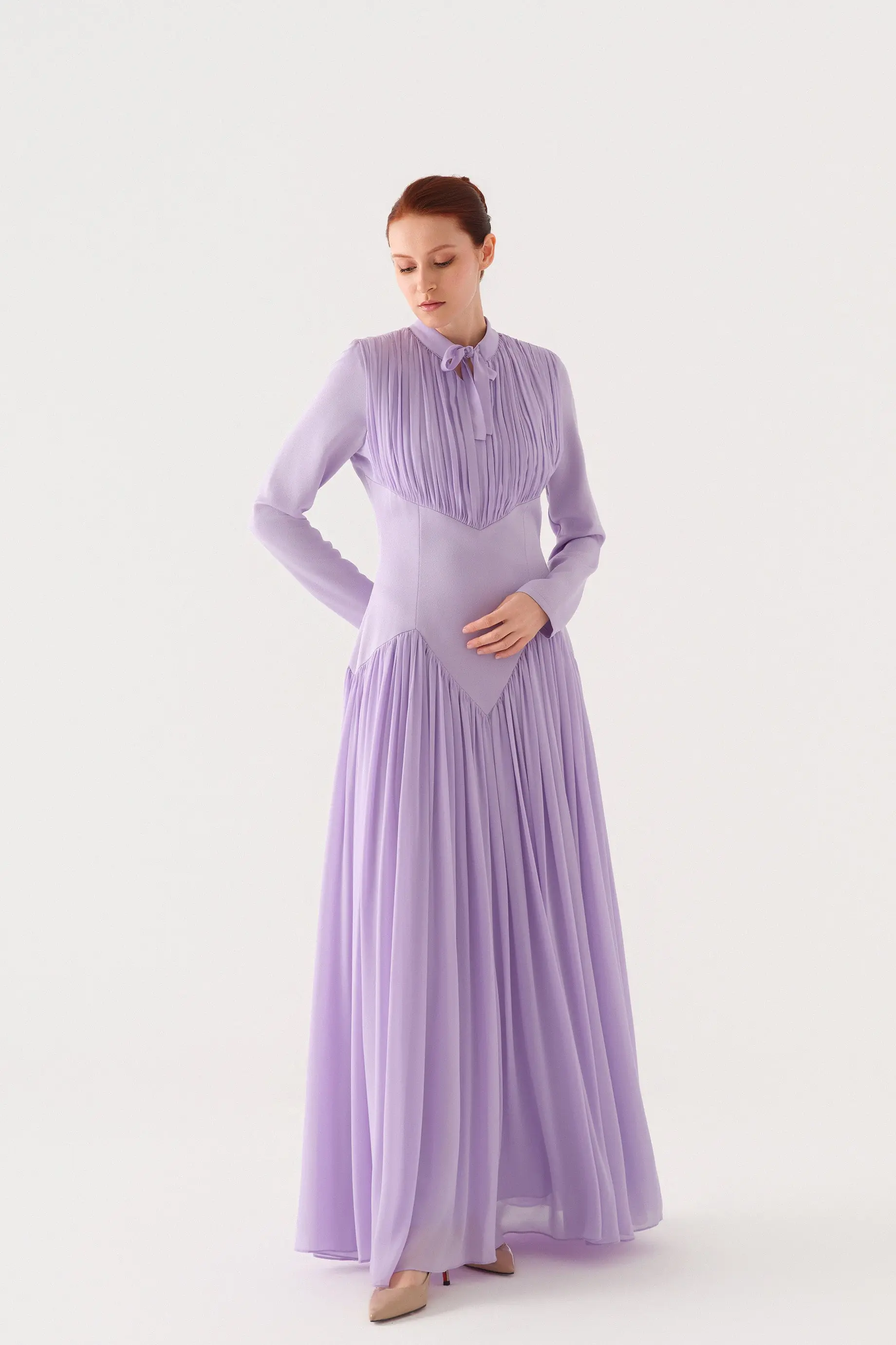 Bow-Neck Corset-Waist Crepe Maxi Dress – Lilac, photo 7