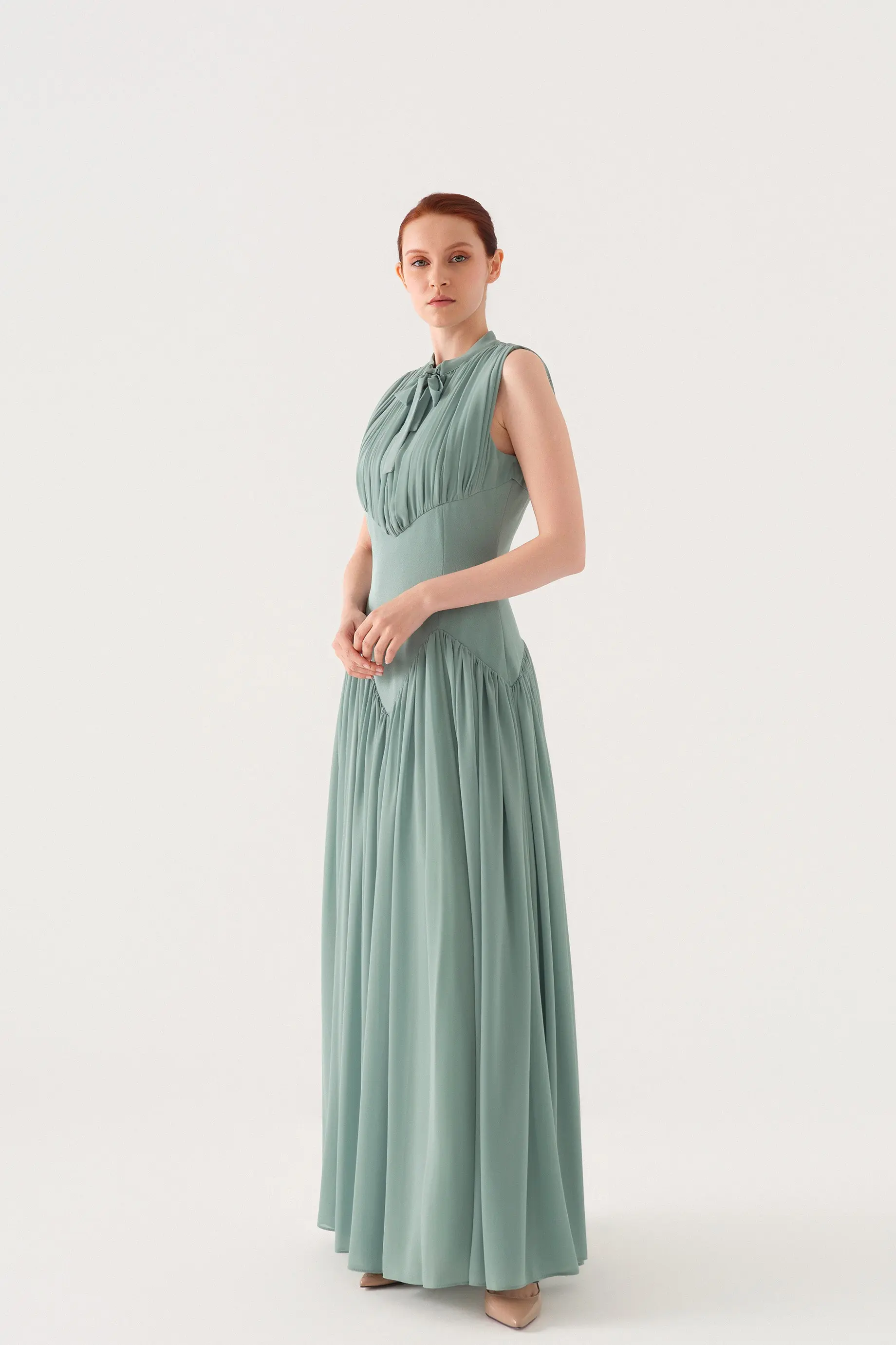 Sleeveless Bow-Neck Corset-Detail Chiffon Crepe Maxi Dress – Dark Mint, photo 3