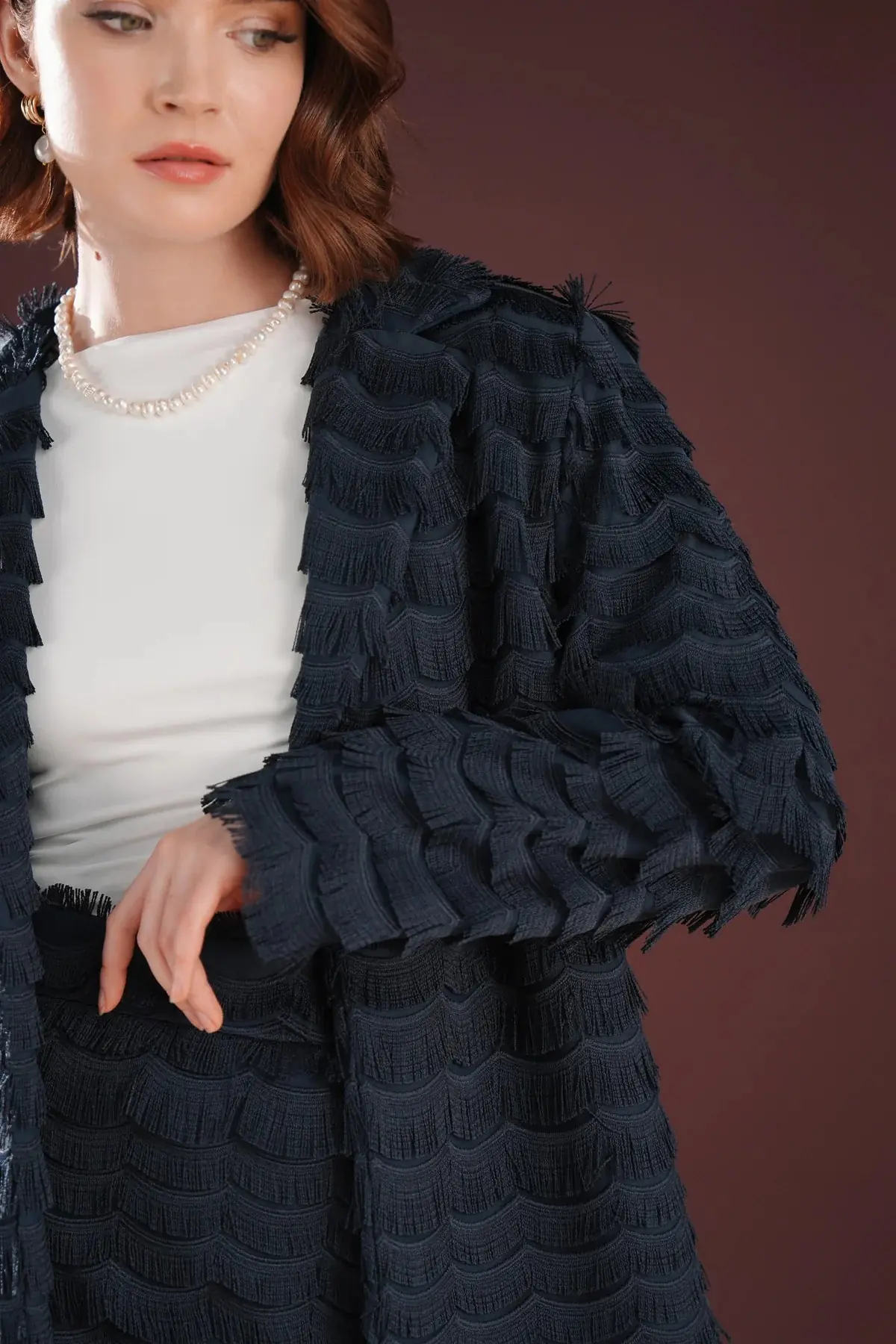 Elowen Textured Fringe Skirt & Jacket Set – Navy, photo 4