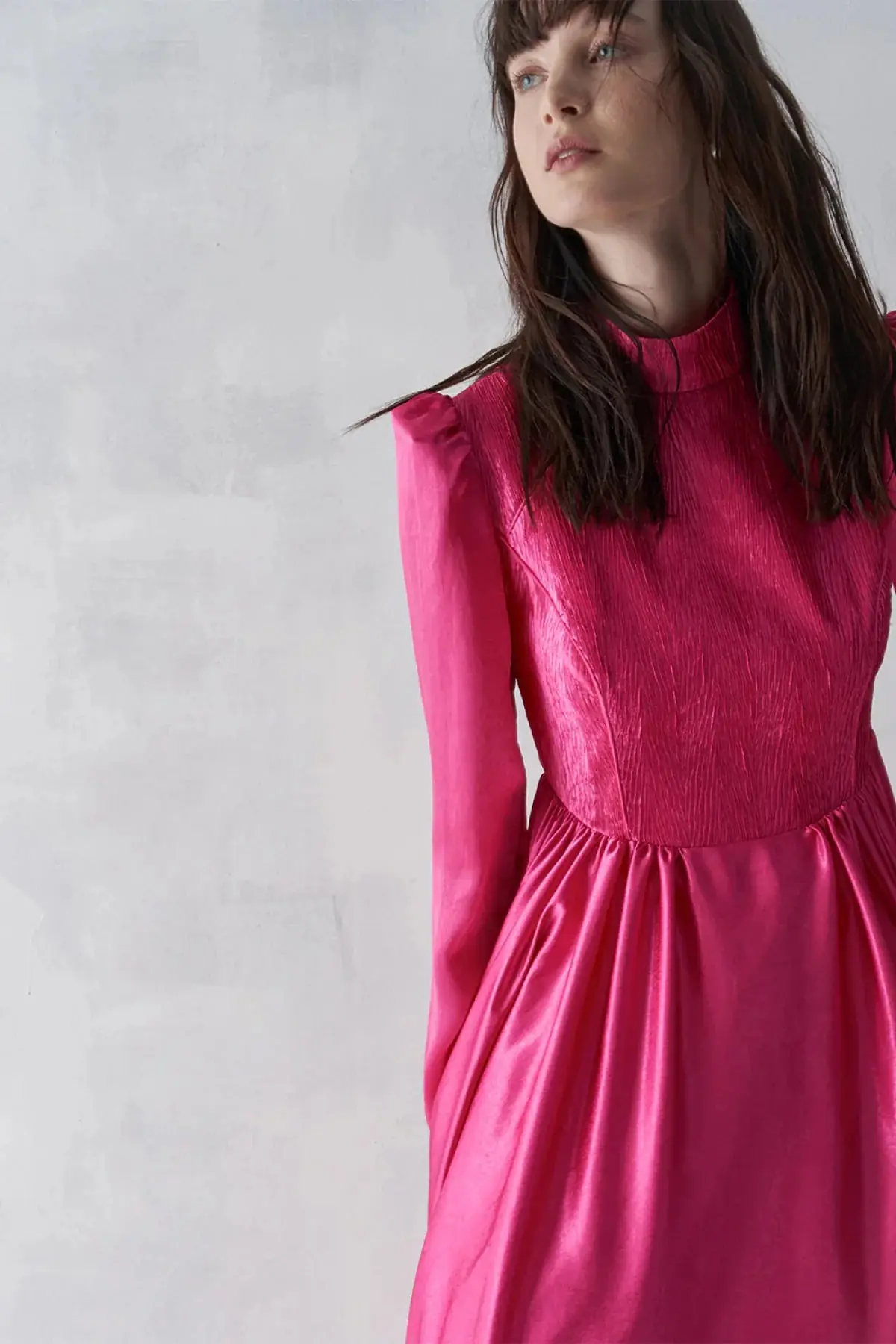 High Neck Textured Bodice Evening Gown – Fuchsia, photo 3