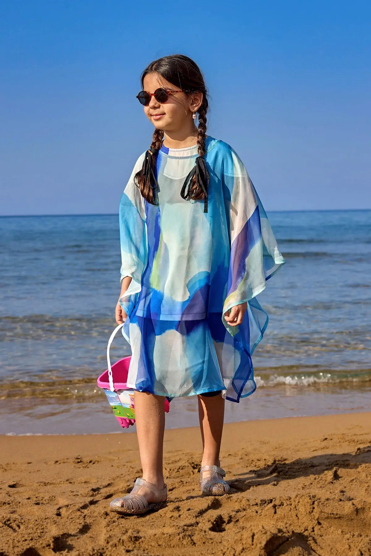 Marina Kids Beach Cover Up Chiffon Kimono - Blue, photo 4