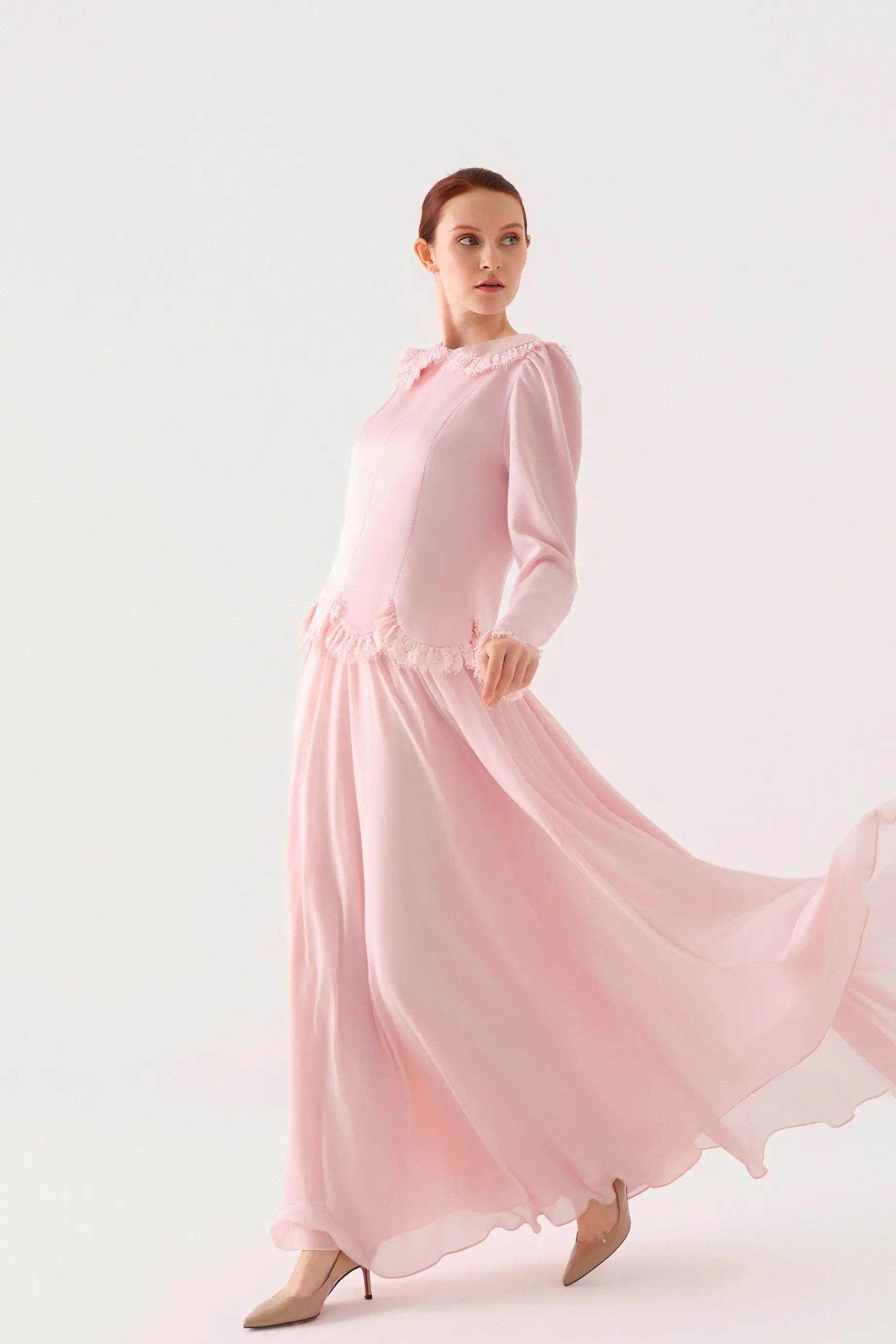 Peter Pan Collar Blouse and Lace-Trim Skirt Set – Pink, photo 6