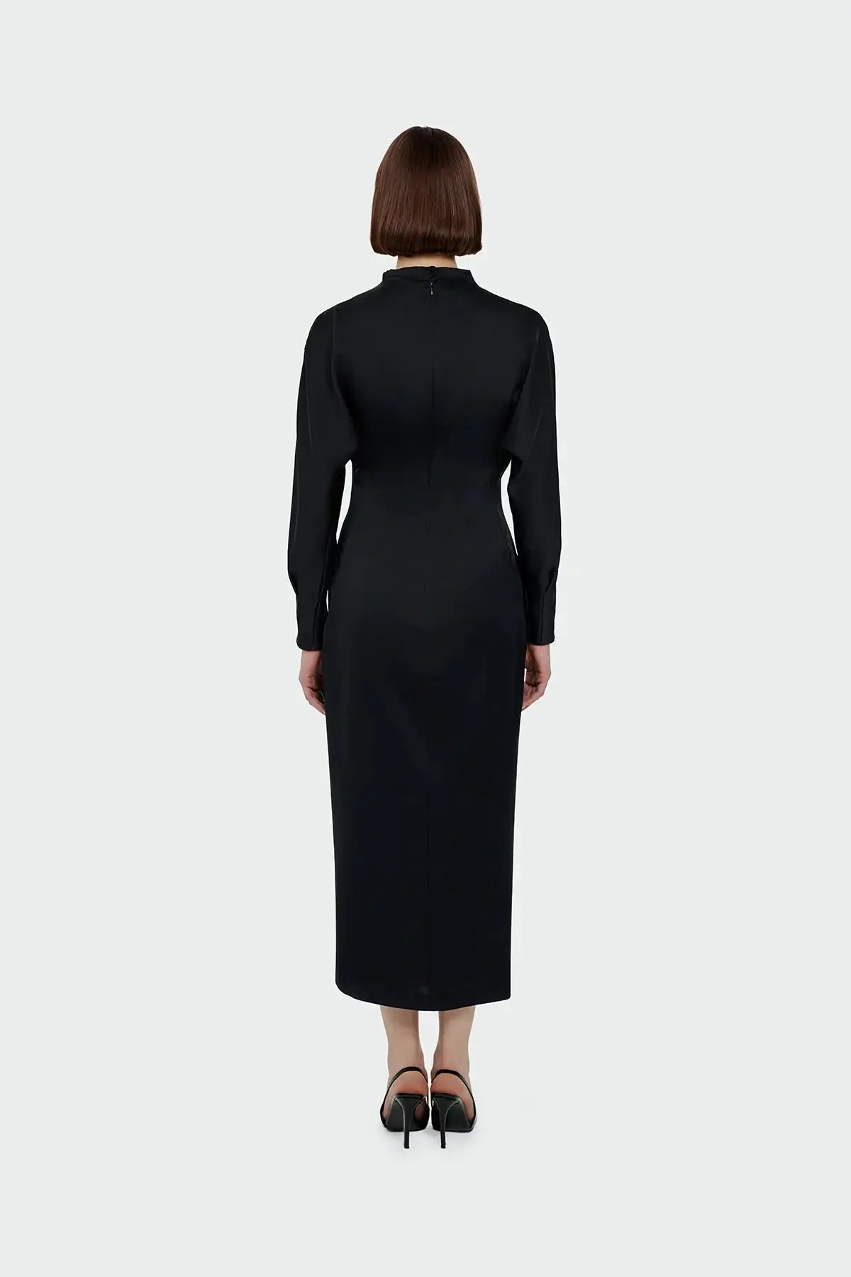 Ruched Waist Satin Midi Dress - Black, photo 3