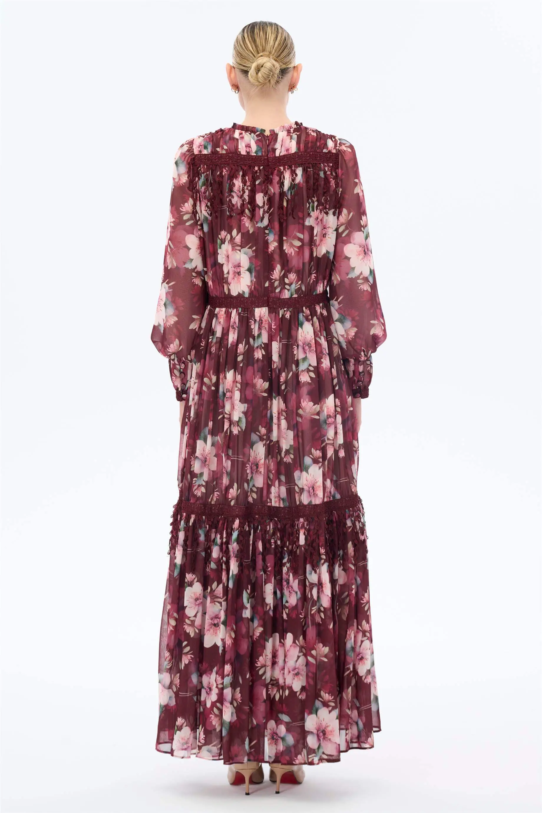 Lace-Trim Chiffon Maxi Dress – Burgundy, photo 3