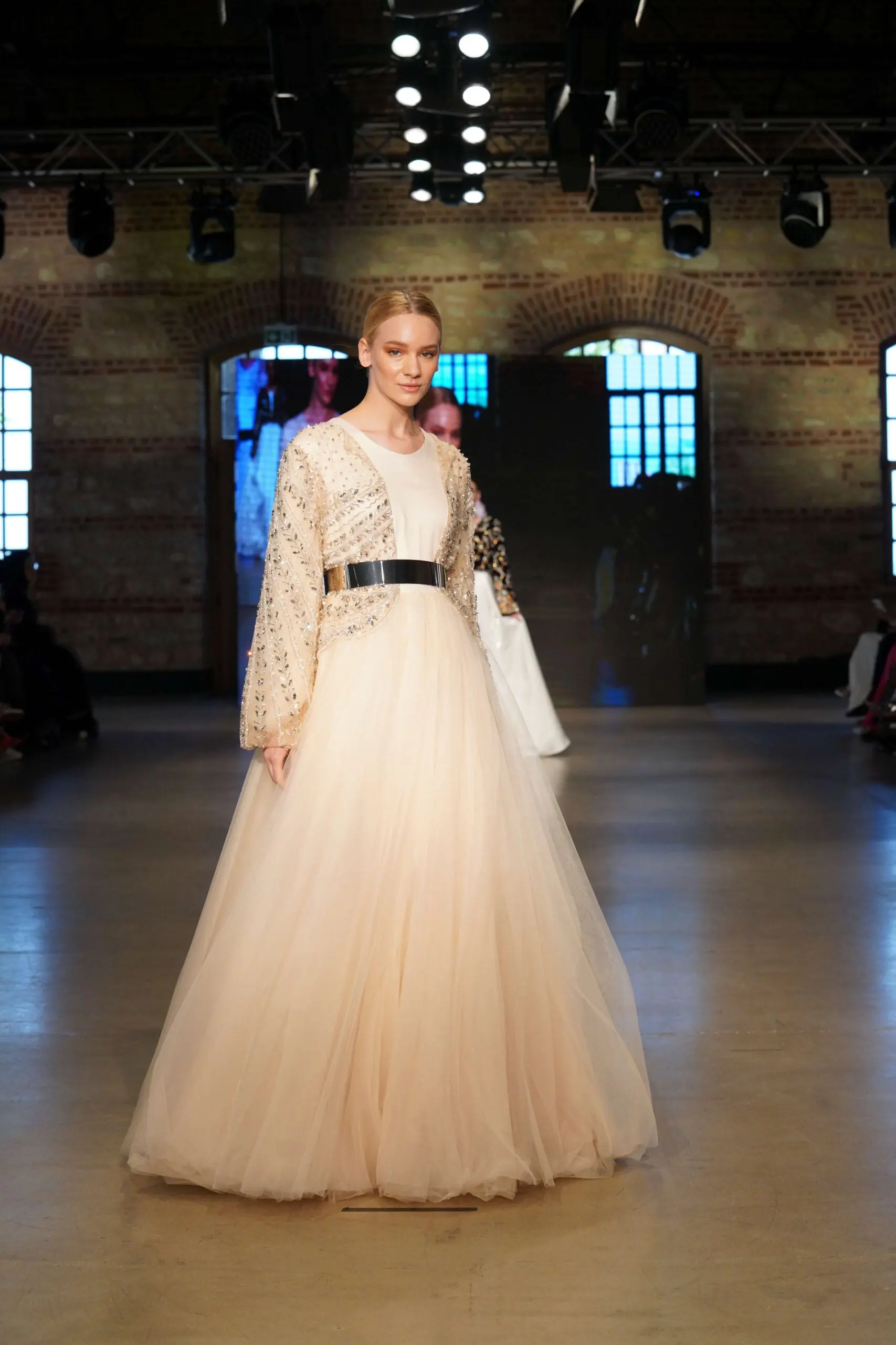 Diamond Whisper Balcanian Pearl-Embroidered Tulle Gown – Champagne, photo 2