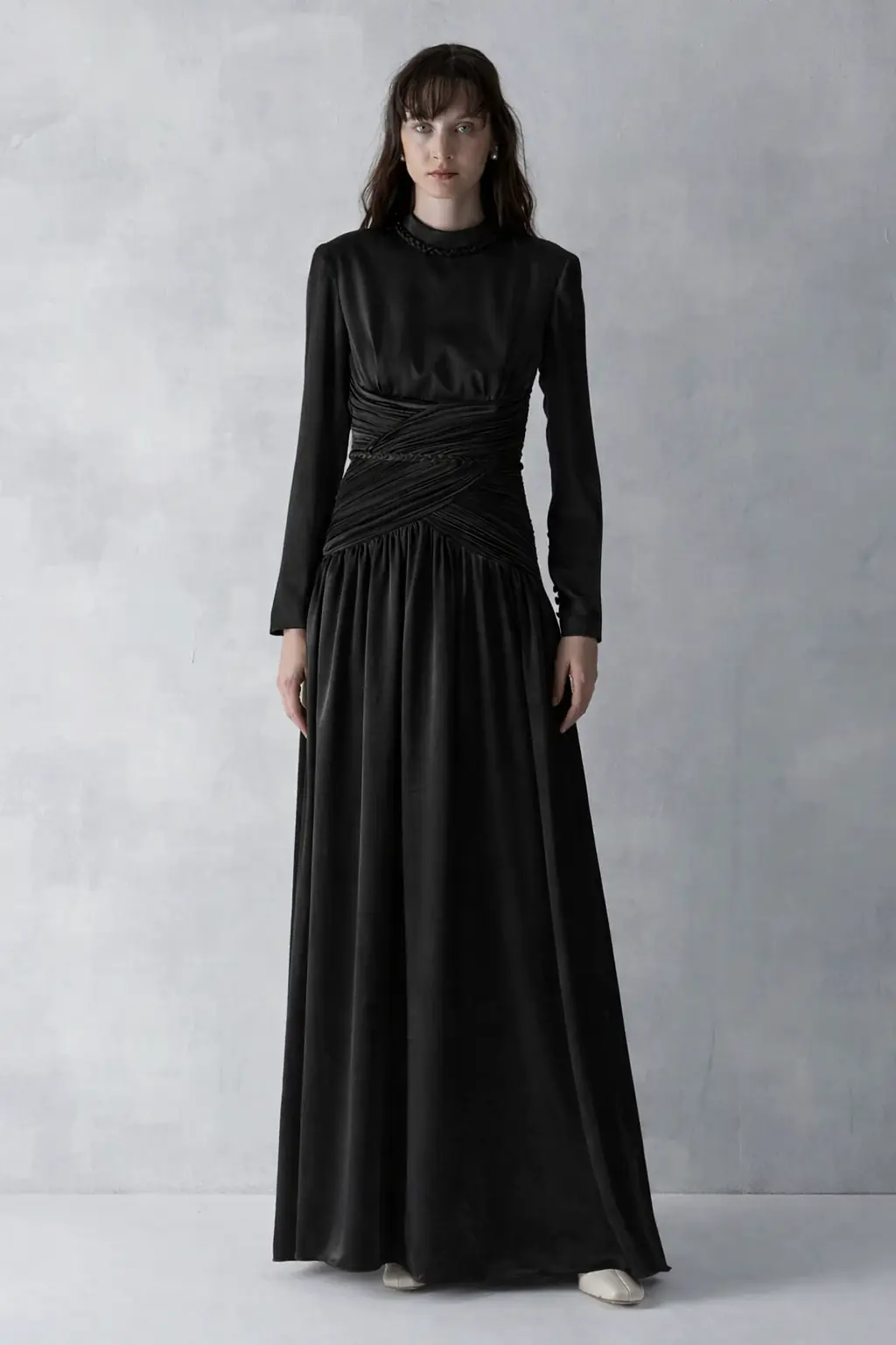 Ruched Waist Draped Long Evening Dress - Black