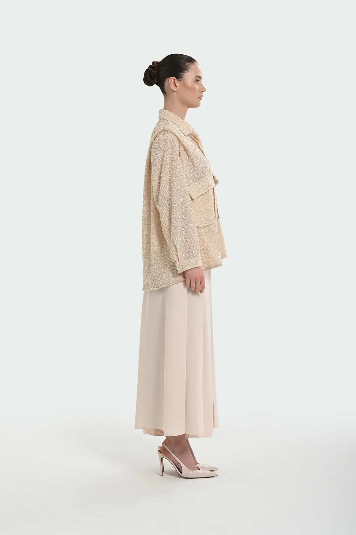 Sequin Embellished Shirt-Collar Jacket — Cream, photo 3