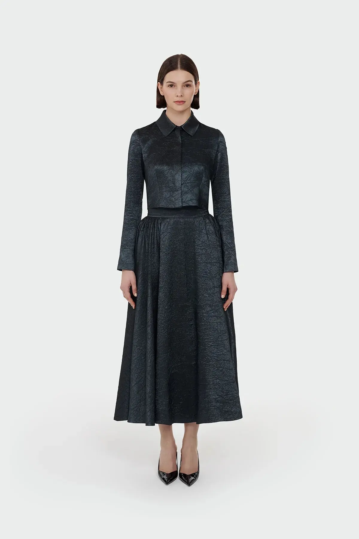 Shirt Collar Cropped Jacket & Skirt Set - Emerald