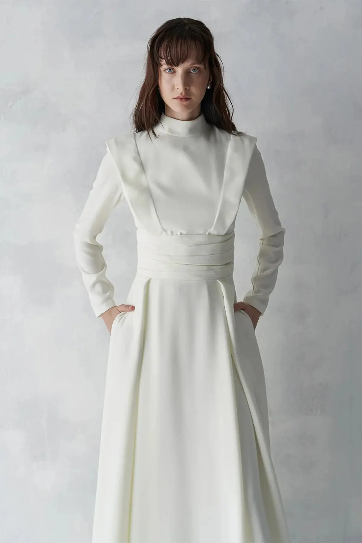 Draped Waist Long Evening Dress - Ivory, photo 3