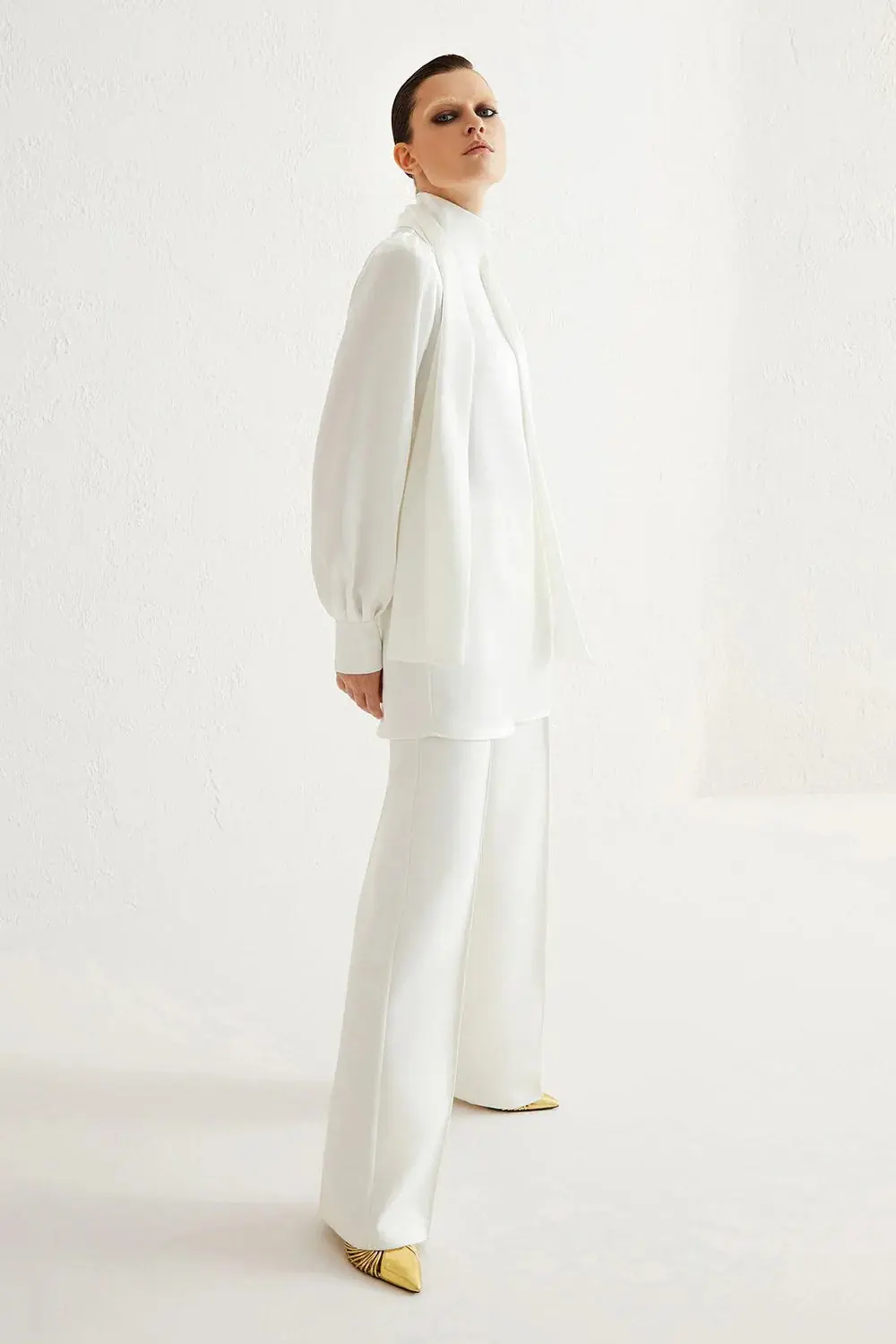 Satin High-Neck Tie-Detail Tunic – Ecru, photo 2
