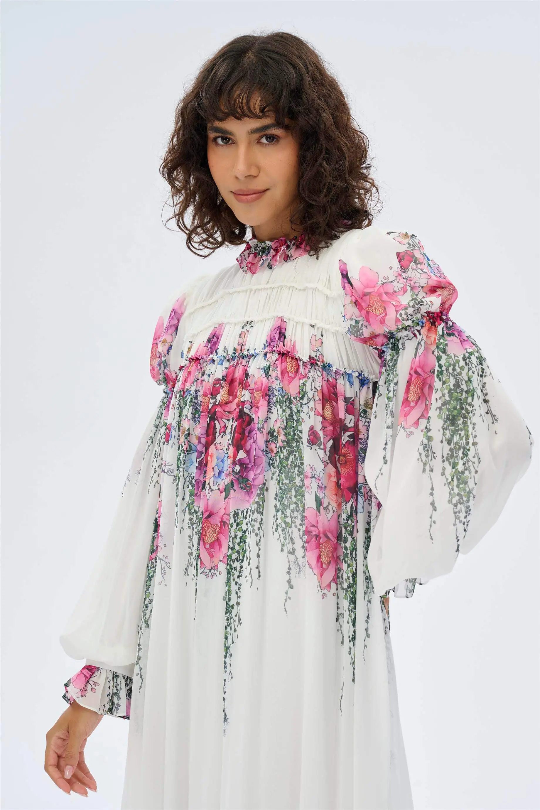 Ruffle Gathered Floral Dress – Ecru Floral, photo 4