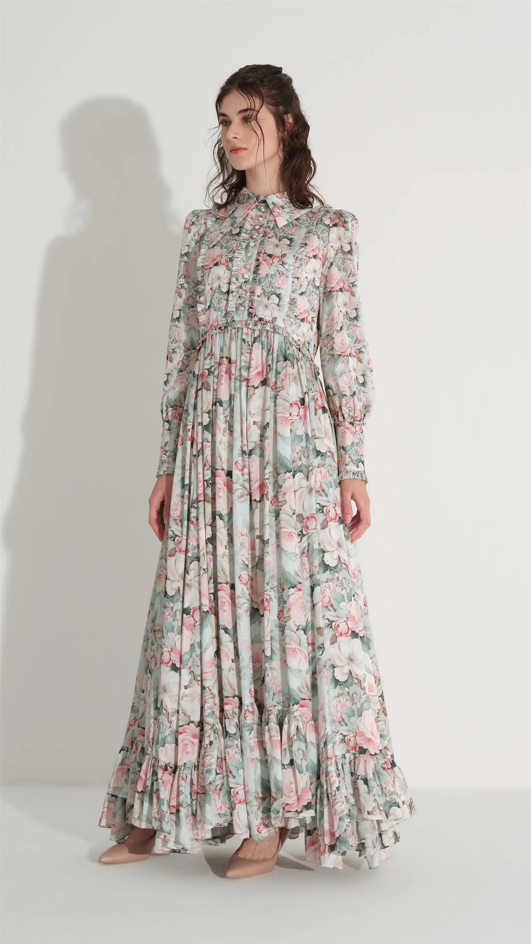 Floral Satin Tiered Dress – Mint, photo 4
