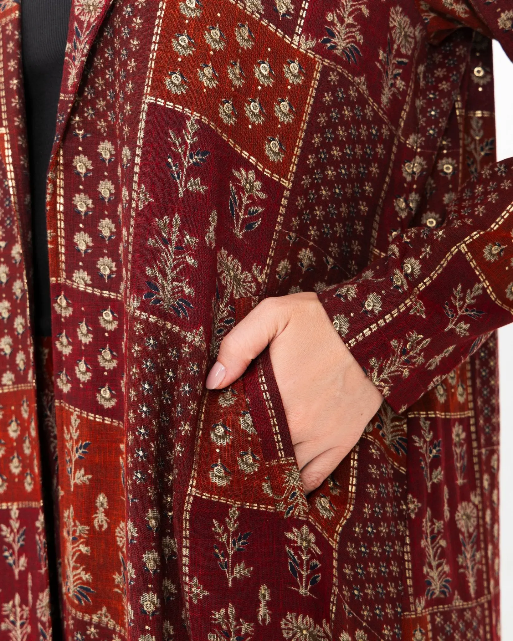 Maroon Floral Check Jacket Abaya, photo 3