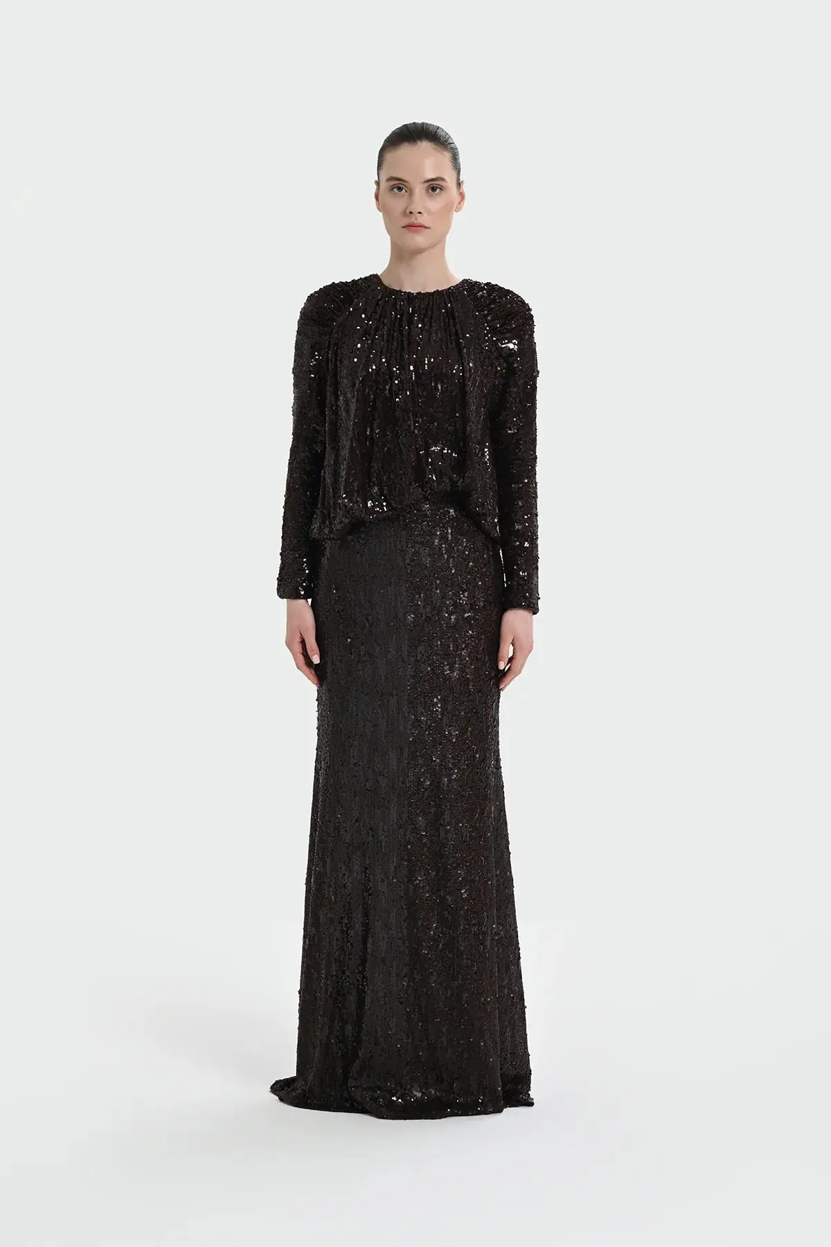 Sequin Long-Sleeve Formal Set with Draped Detail - Brown