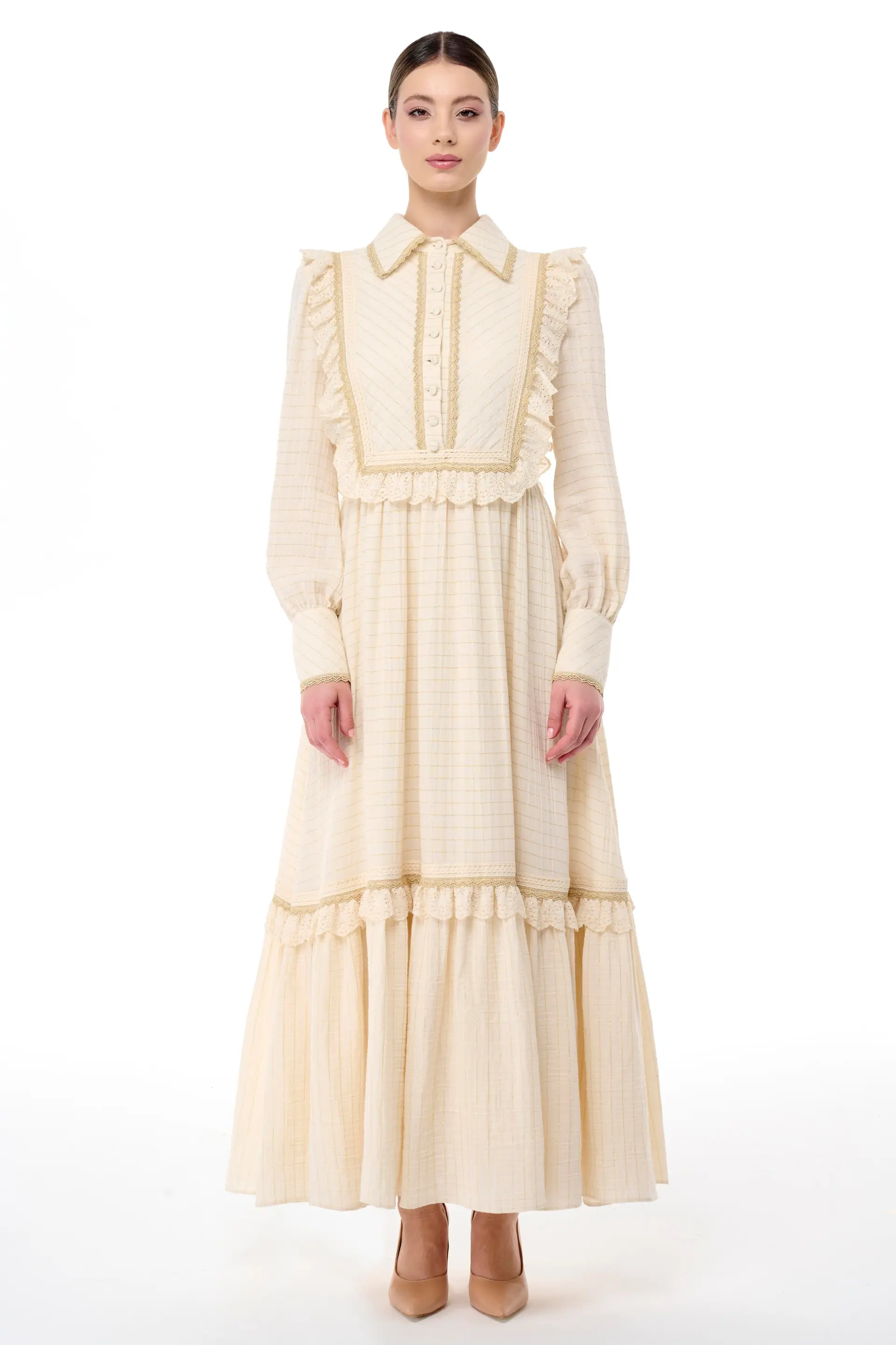 Lace-Trim Tiered Cotton Dress – Ecru