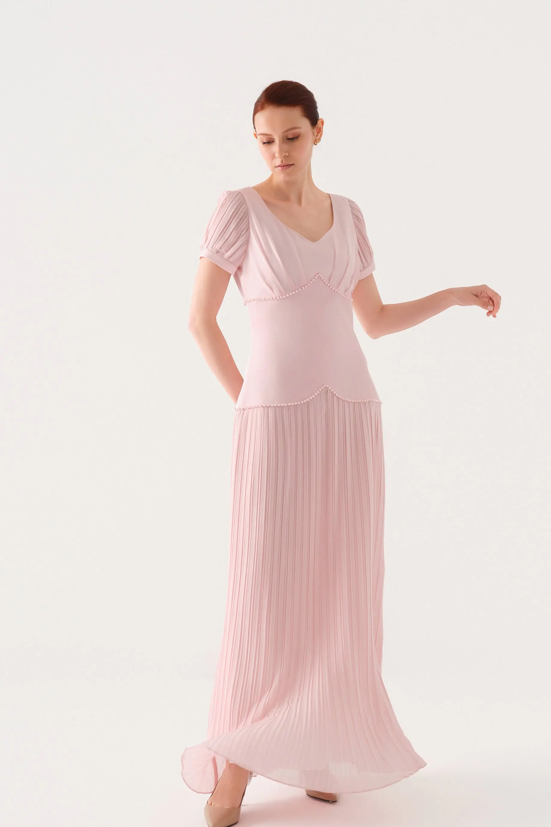ETEĞİ PİLİSELİ KISA KOLLU ELBİSE Pembe, photo 6