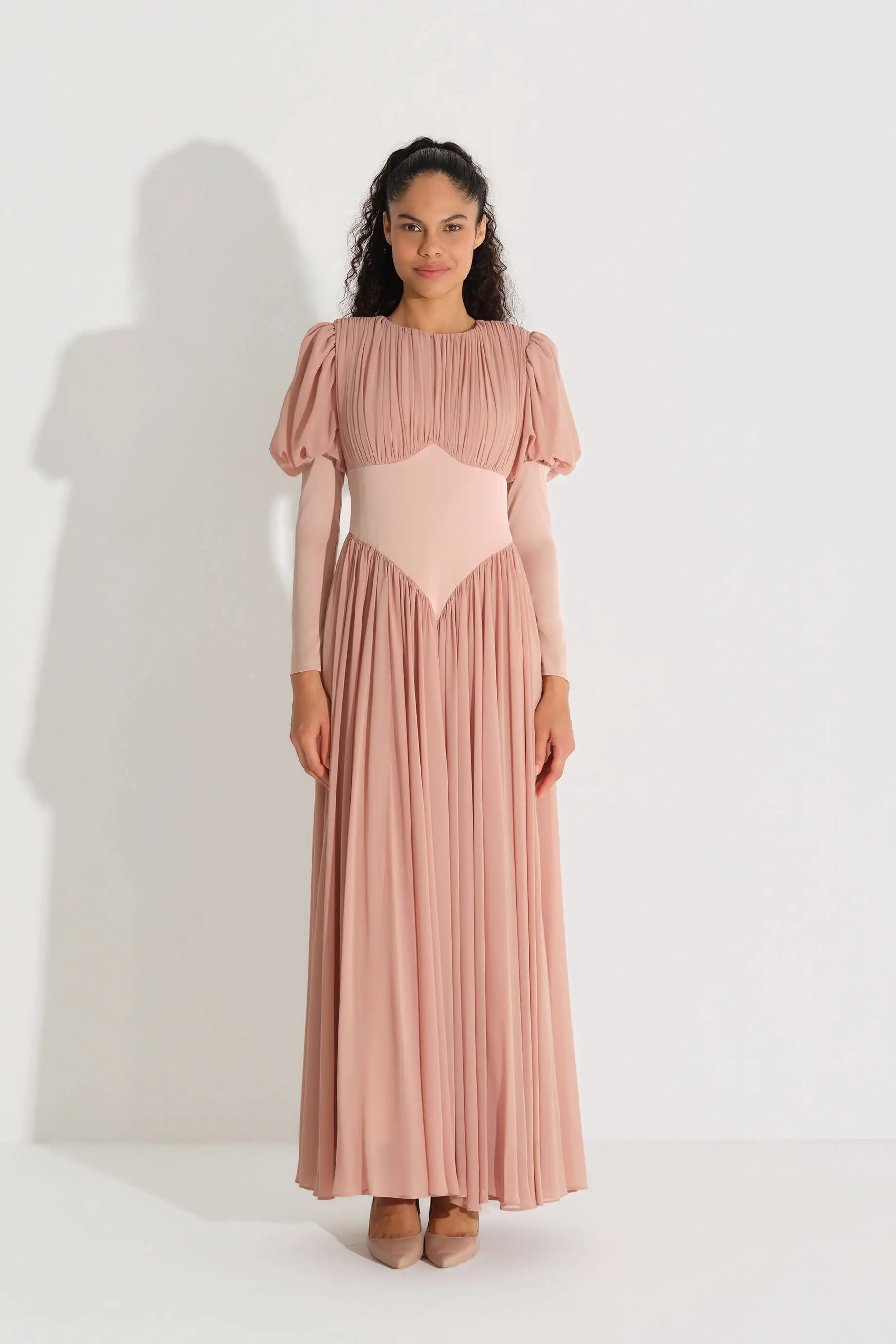 V-Neck Corset-Waist Chiffon Dress – Brown