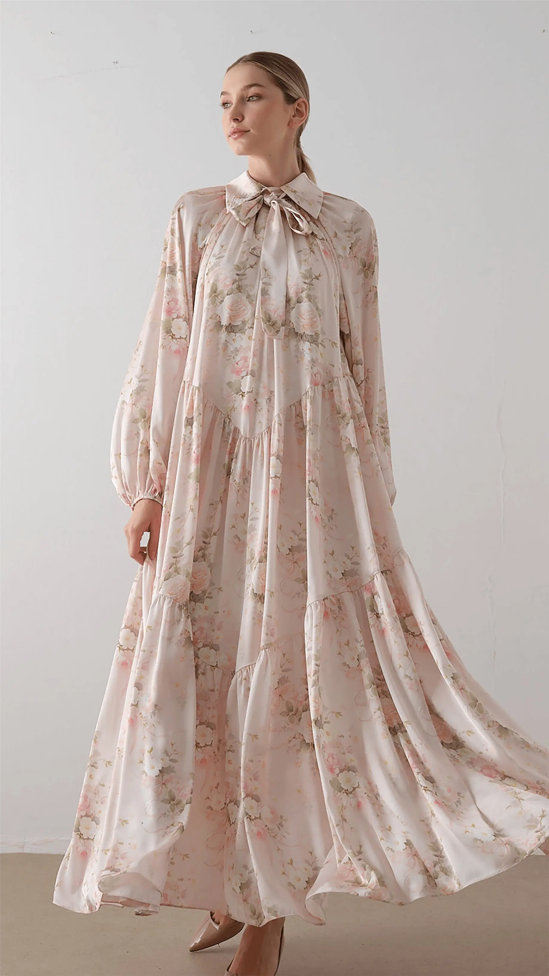 Bow Neck Chiffon Satin Dress – Pink, photo 3