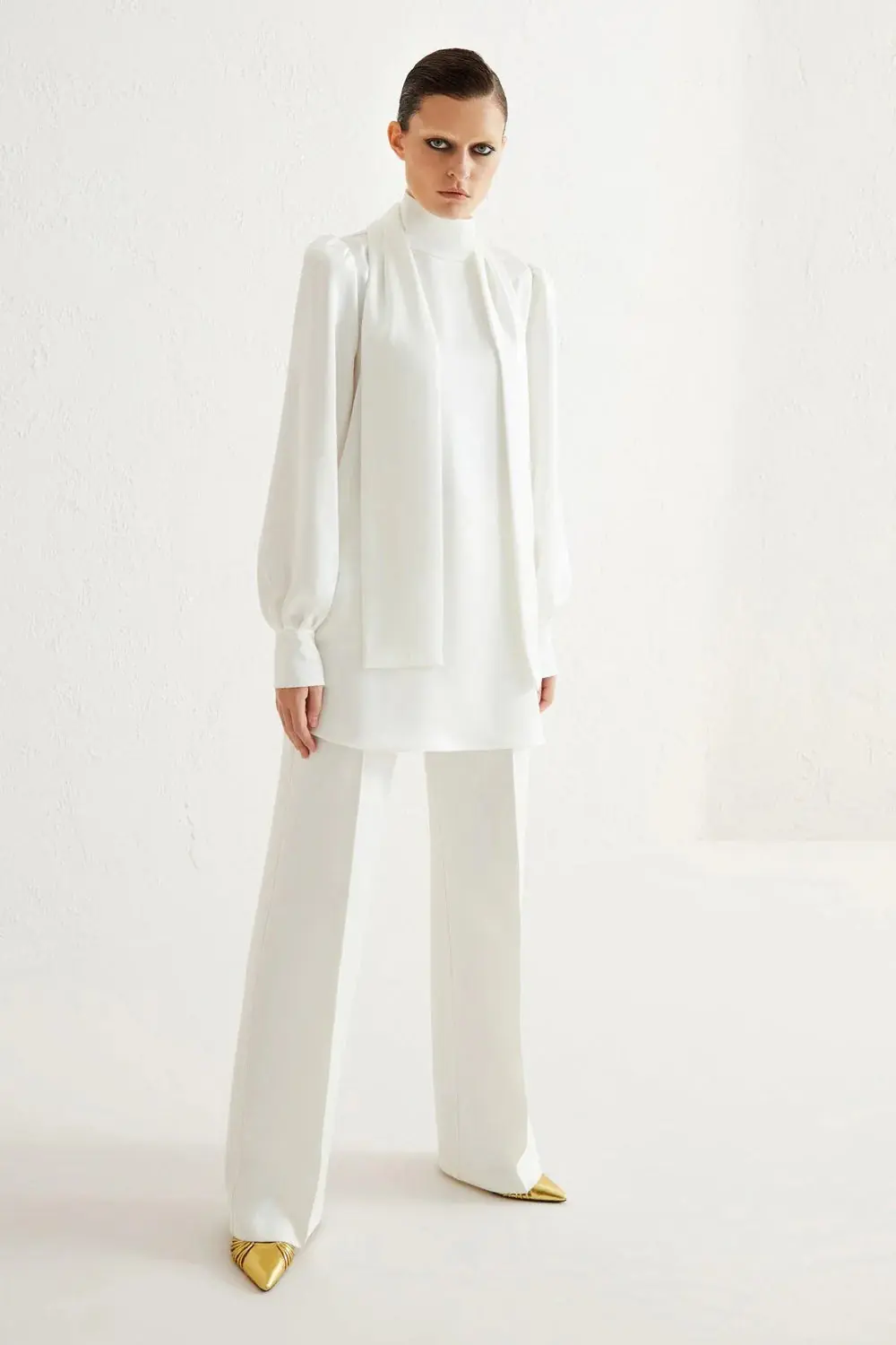 Satin High-Neck Tie-Detail Tunic – Ecru