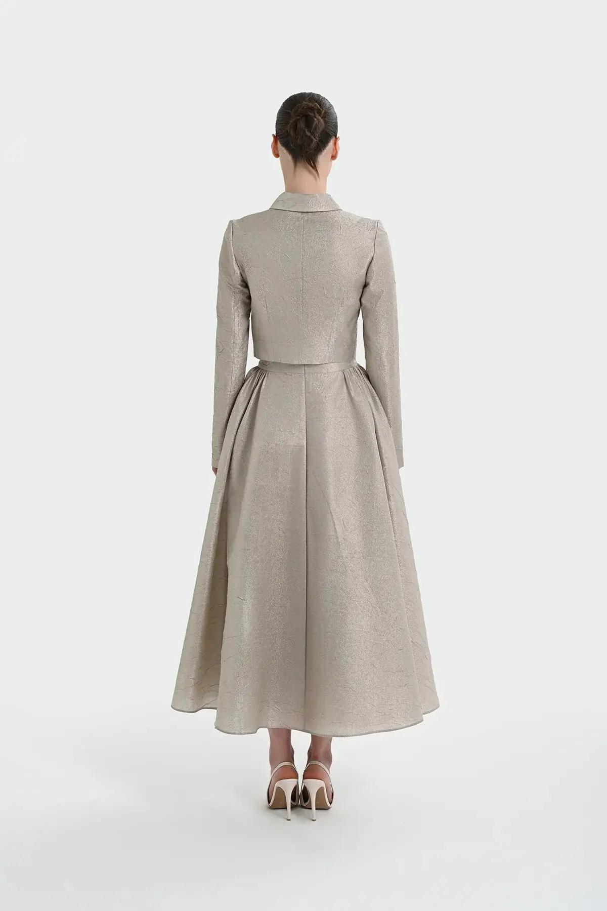 Shirt Collar Cropped Jacket & Skirt Set - Beige, photo 4