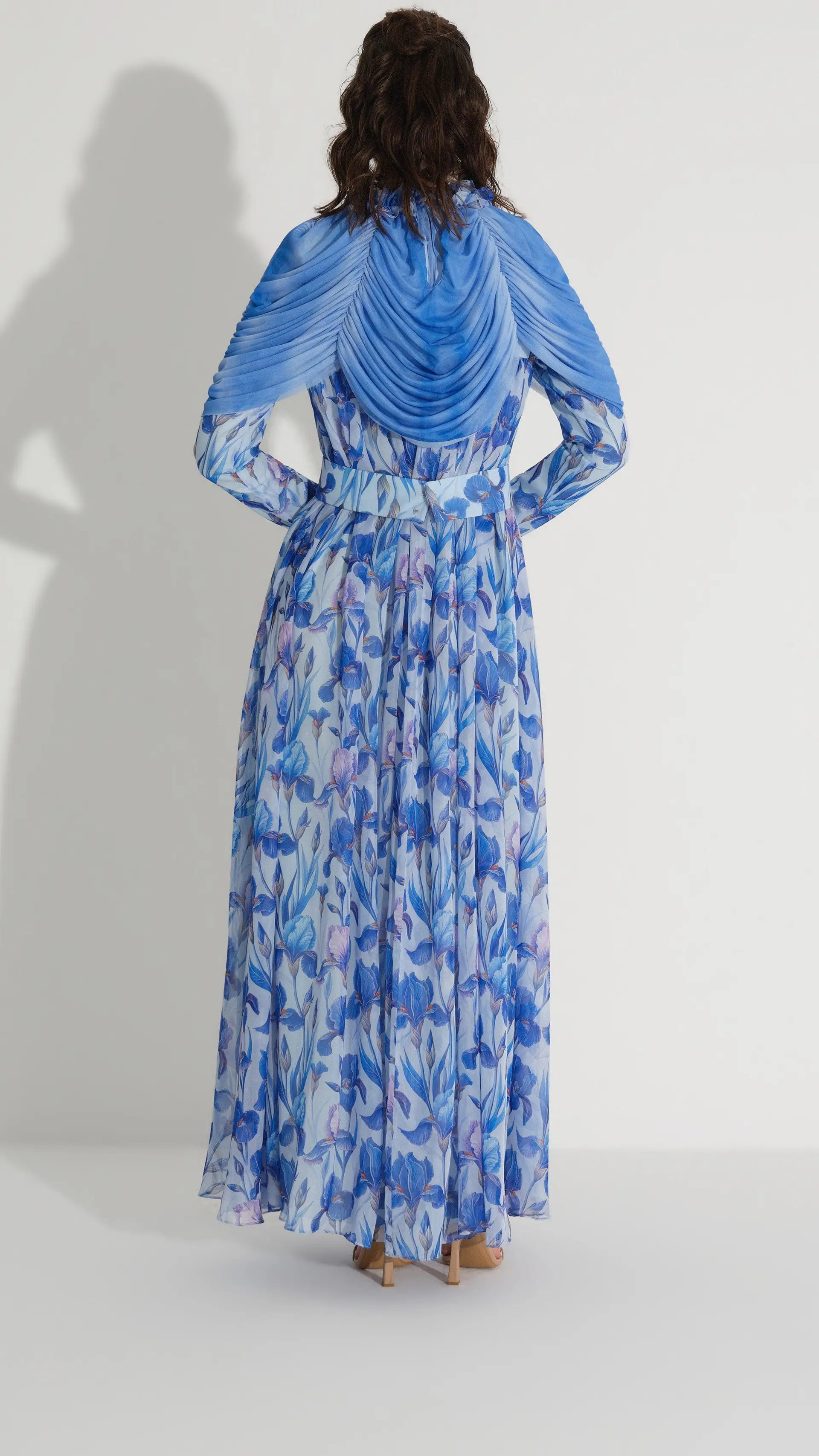 Cape Detail Silk Chiffon Dress – Blue, photo 6