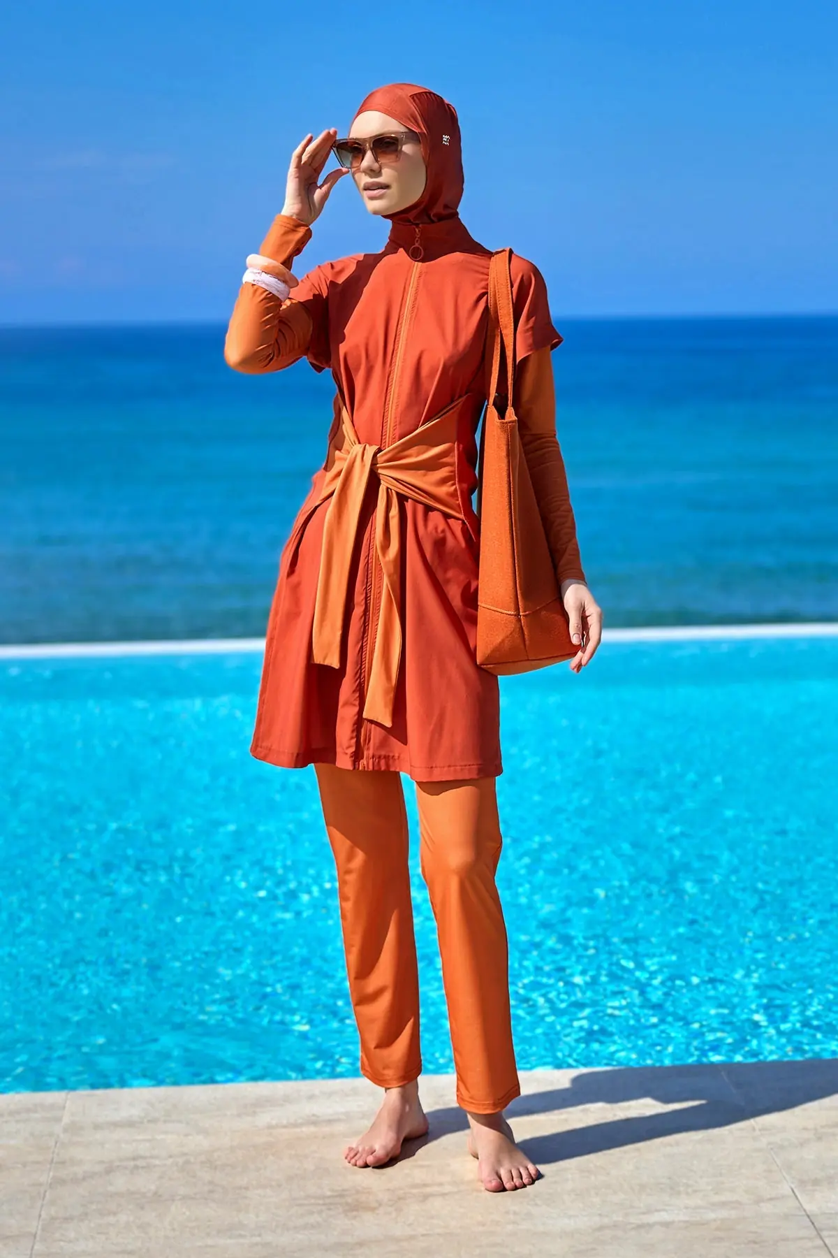 Full Coverage Islamic Swimsuit with Waist Tie - Orange, photo 3