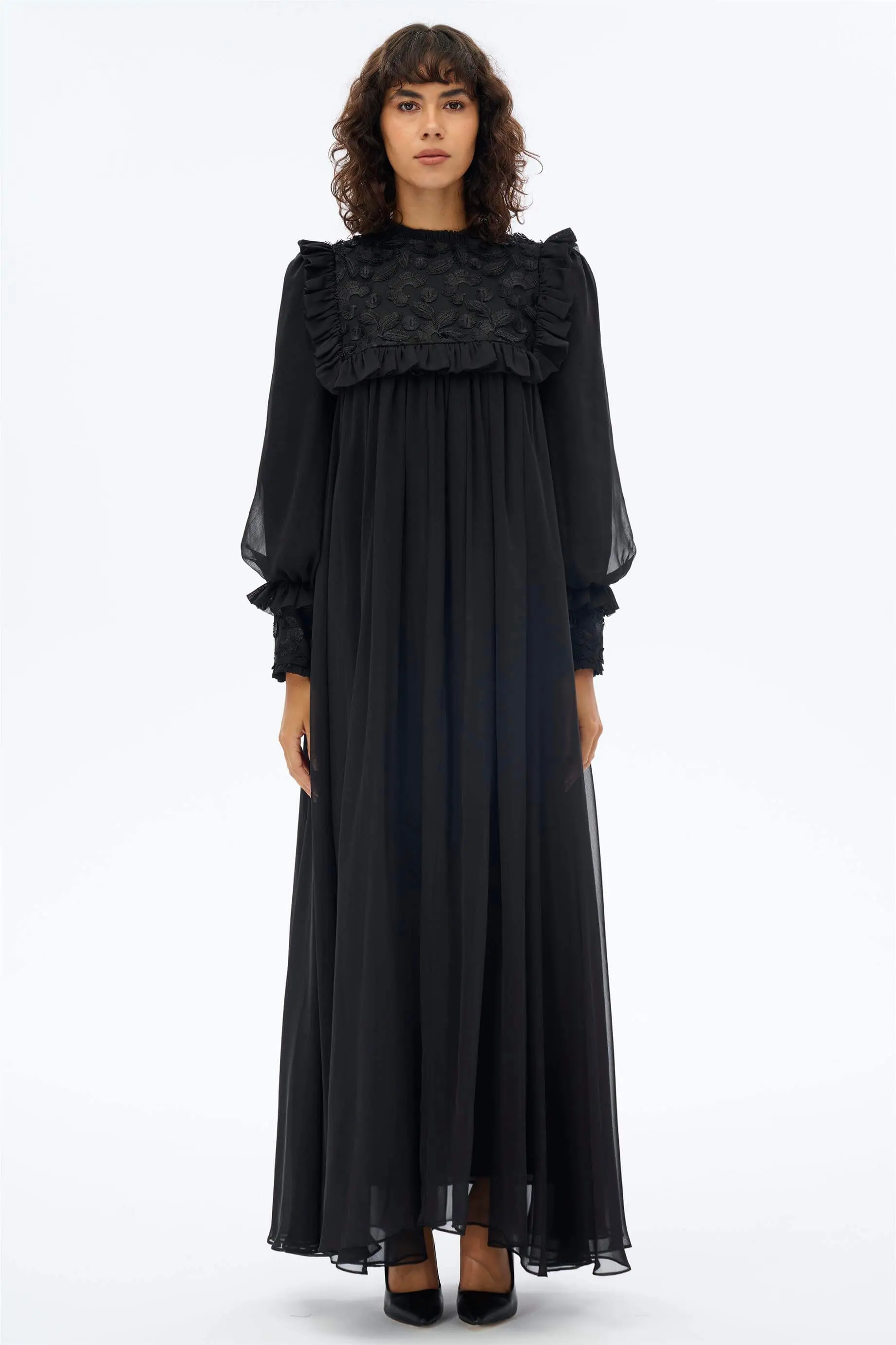 Embroidered Lace Yoke Chiffon Dress – Black