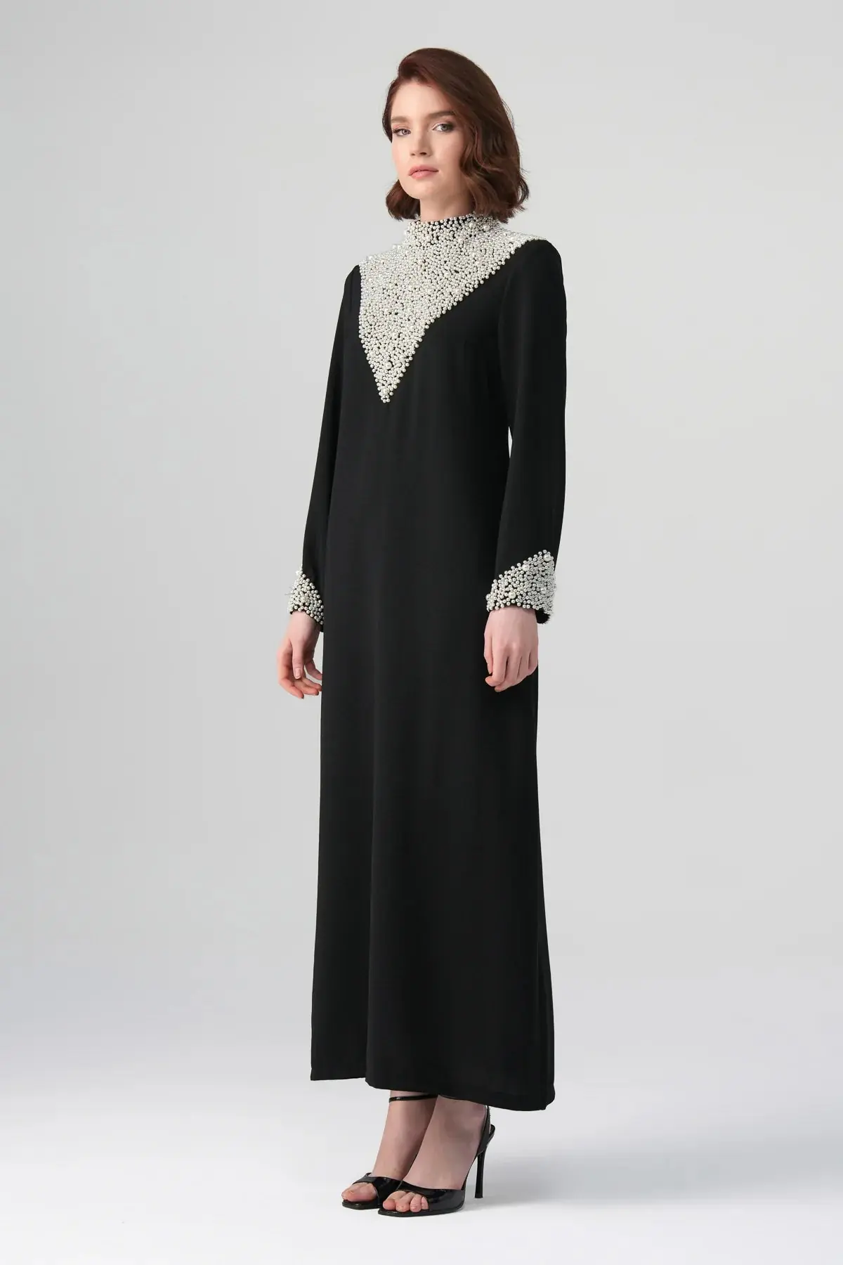 Celina Pearl-Embellished Satin Dress – Black, photo 4