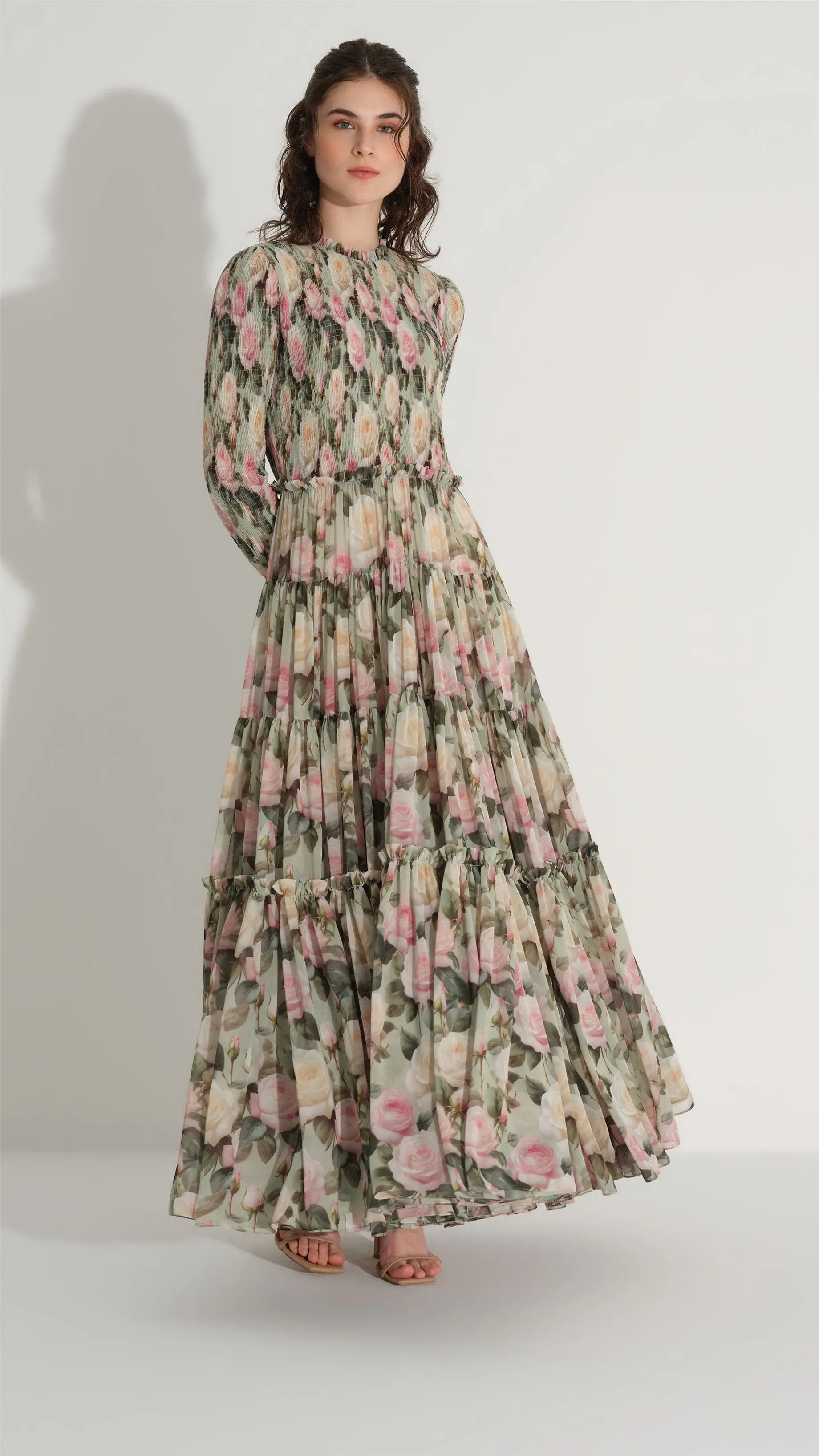 Smocked Chiffon Pleated Dress – Green, photo 3