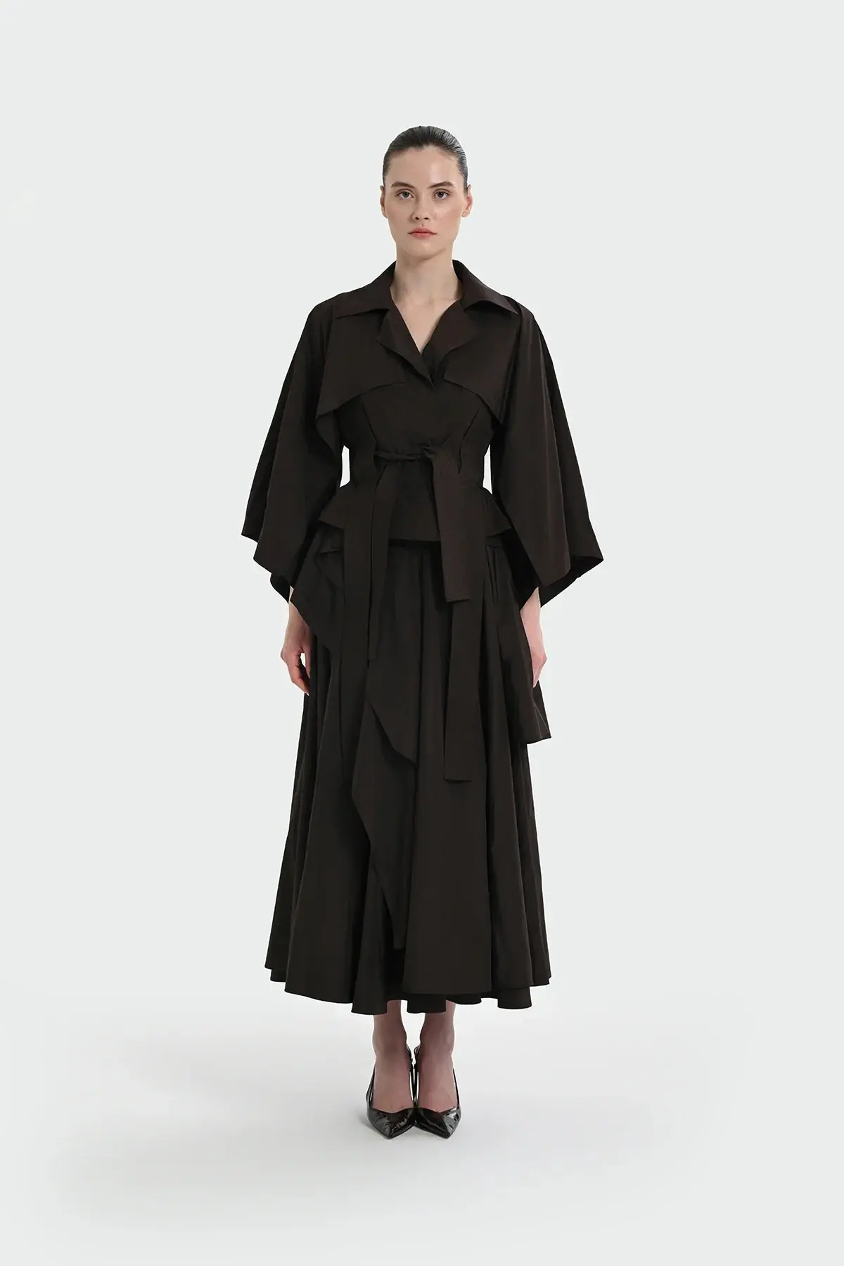 Pleated Asymmetric Cut Skirt - Brown