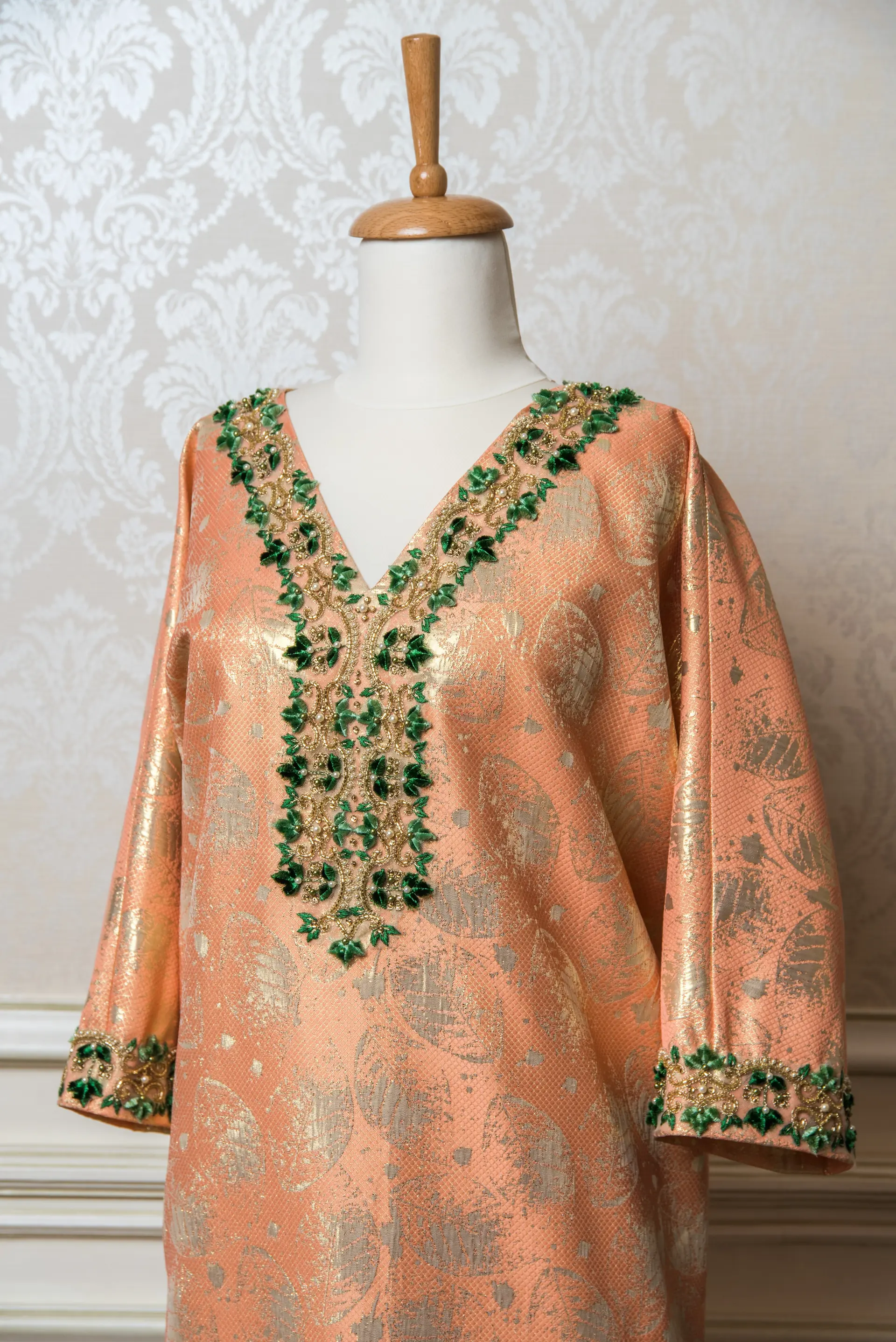 Peach Jacquard Silk Kaftan with Gold Leaf Motif and Green Thread Embroidery, photo 2