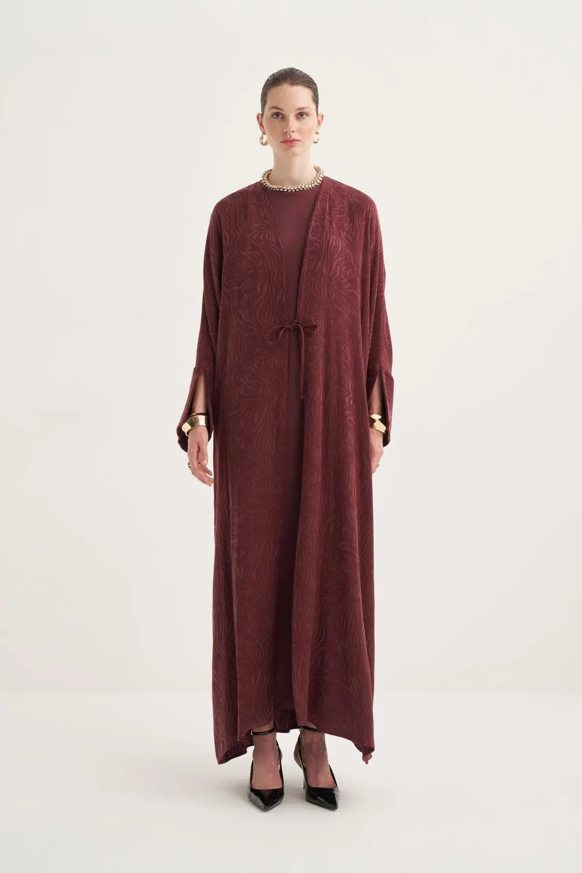 Cupro Rozana 3-Piece Abaya Set - Burgundy