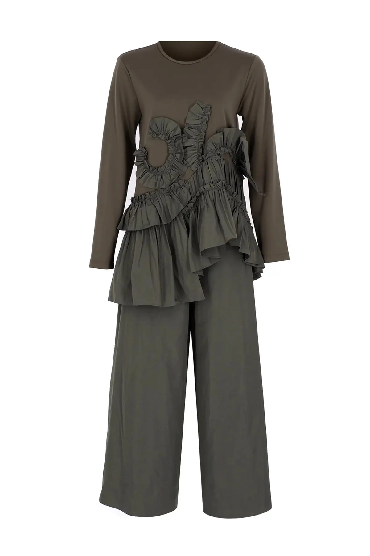 Volan Detailed Tunic & Wide-Leg Pants Set – Dark Mink