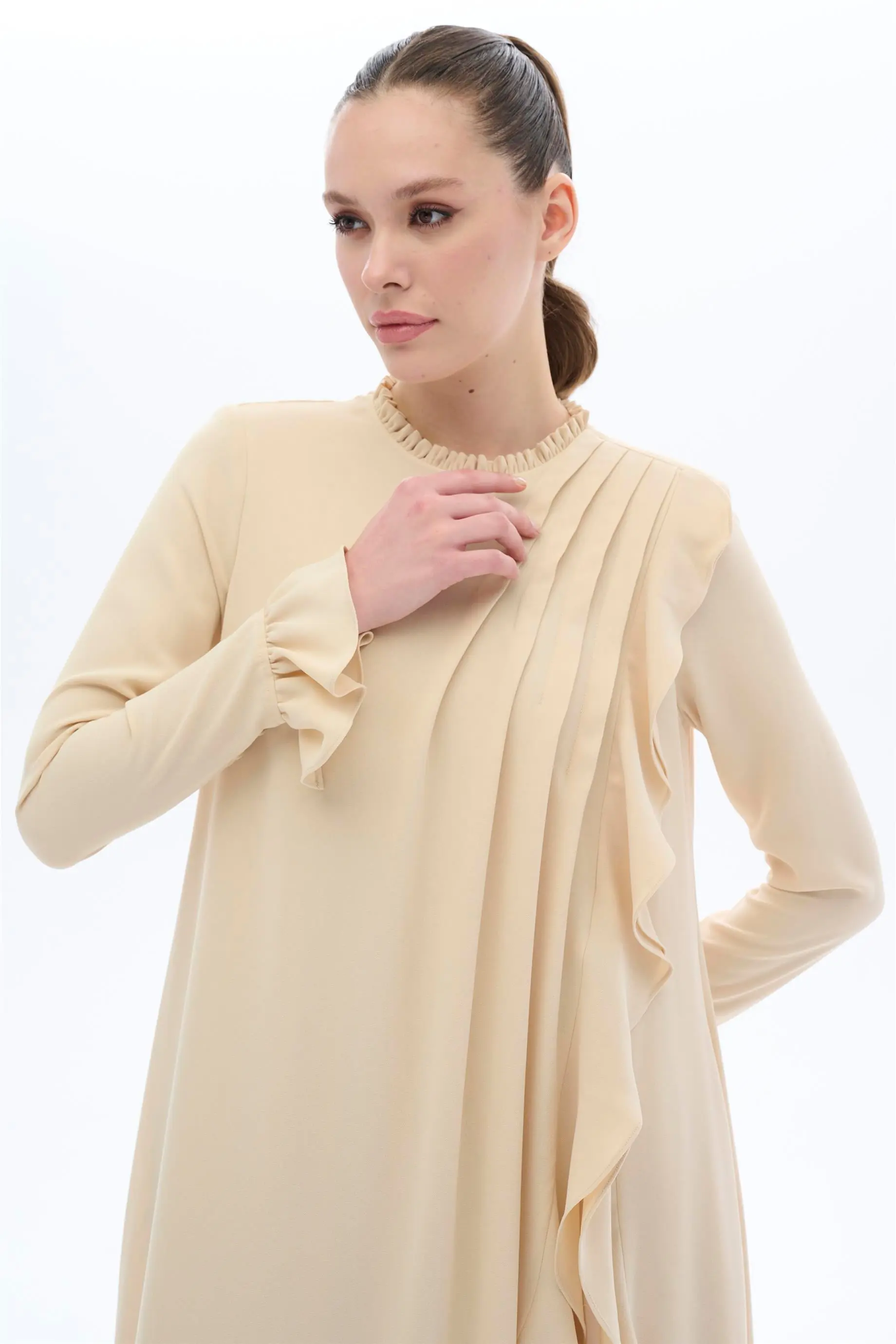 Ruffled Panel Dress – Beige, photo 2