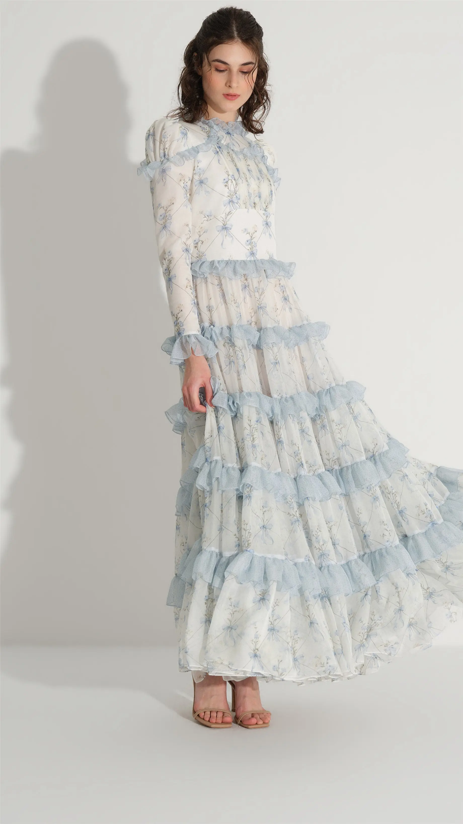 Bow-Print Gathered Chiffon Dress – Blue, photo 3